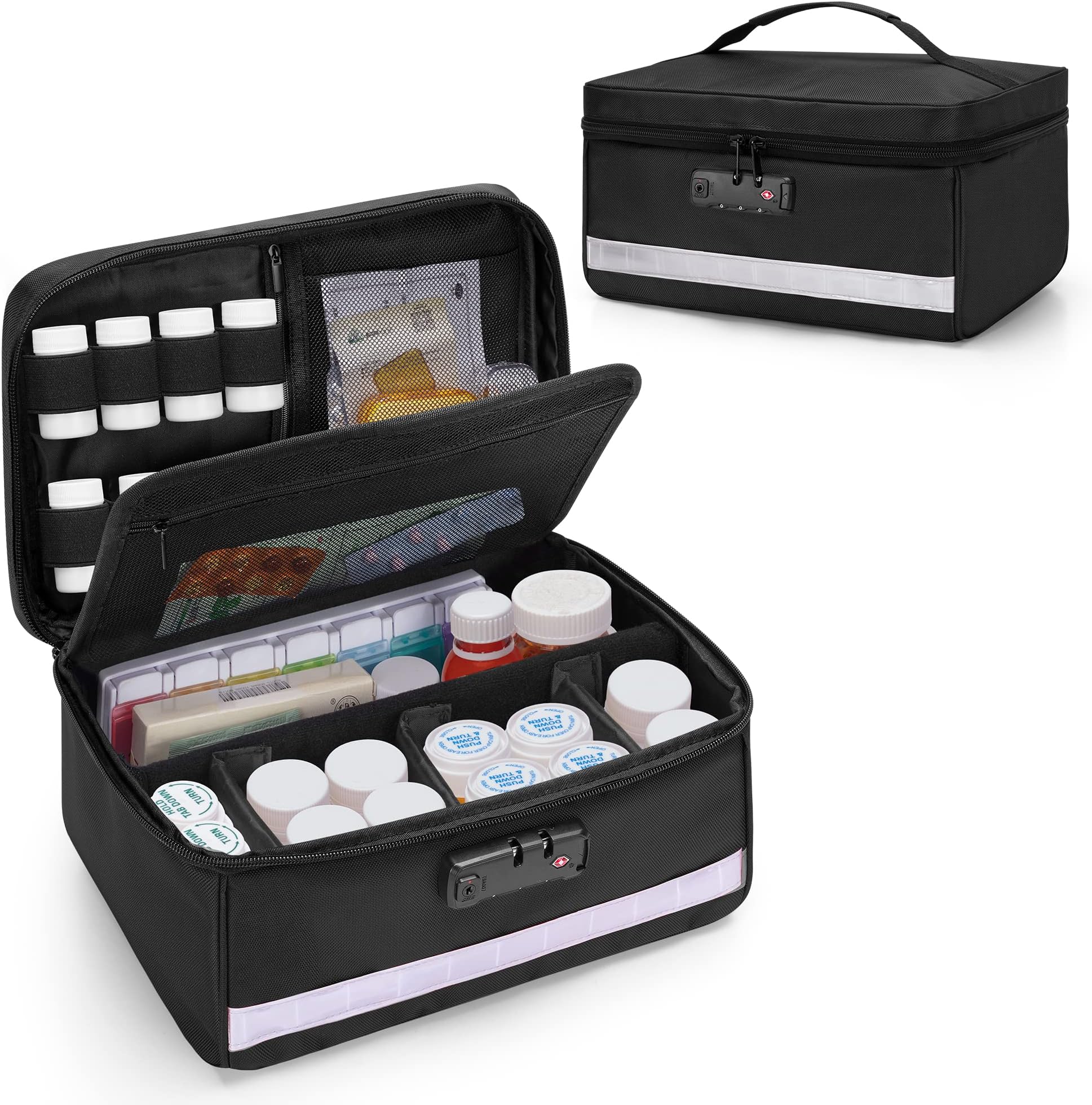 Damero Locking Pill Bottle Organizer with Inner Dividers, Medicine Storage and Organizer Bag Combination Lock for Medicine, Vitamins and Medical Supplies, Black