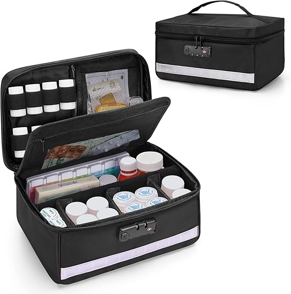 Damero Locking Pill Bottle Organizer with Inner Dividers, Medicine Storage and Organizer Bag