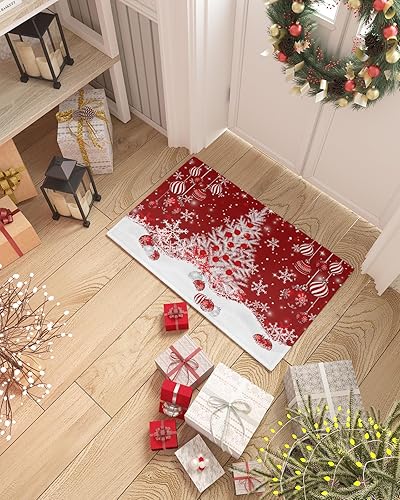 Miniatura 2 de ALAGEO Tapete de Navidad para árbol de Navidad, bolas de Navidad, tapete de bienvenida de Navidad, tapete de Navidad con copo de nieve rojo, tapete