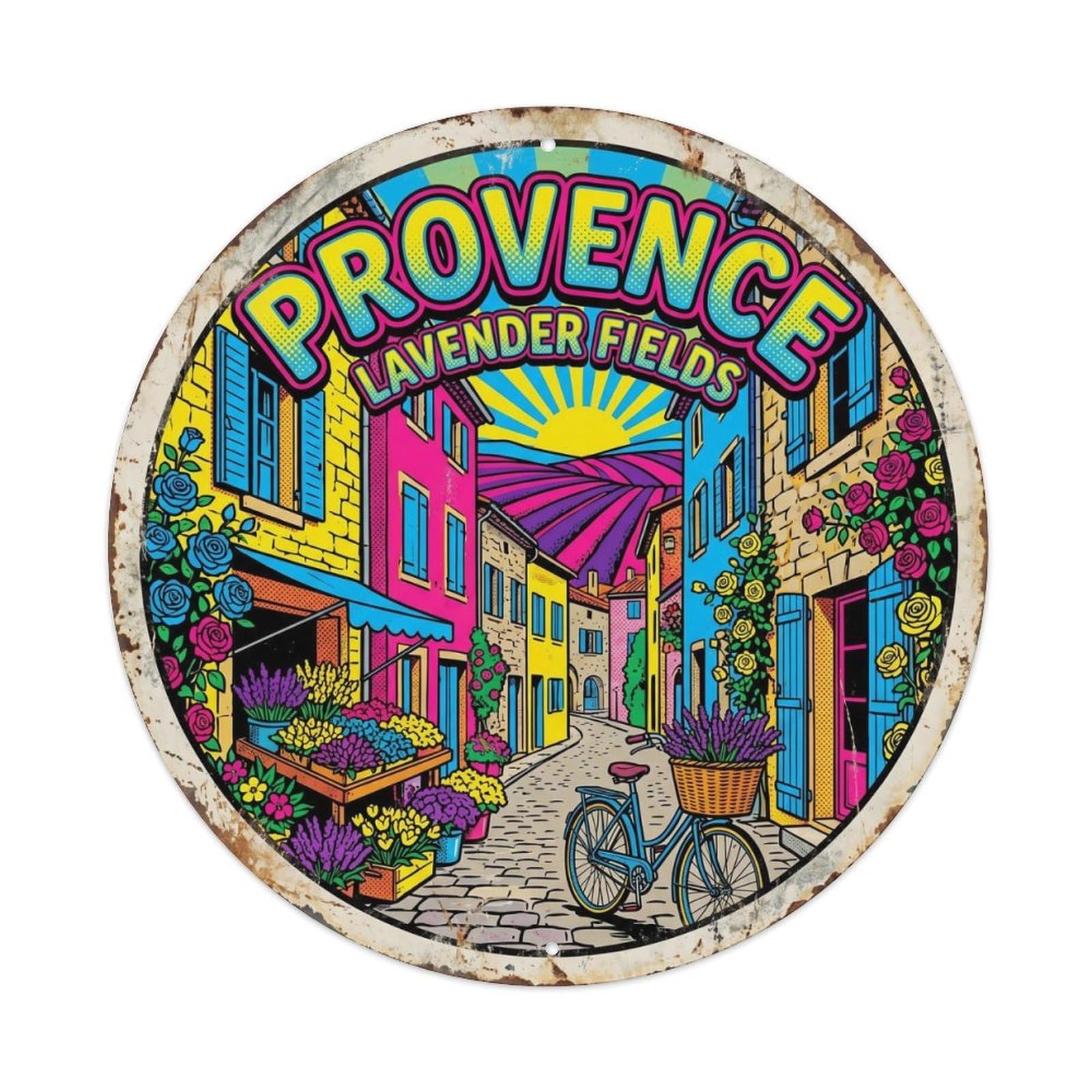 Vintage Travel Provence Village France Metal Tin Sign Plaque Wall Decor for Cafe, Club, Garden Round Metal Poster 8x8Inch
