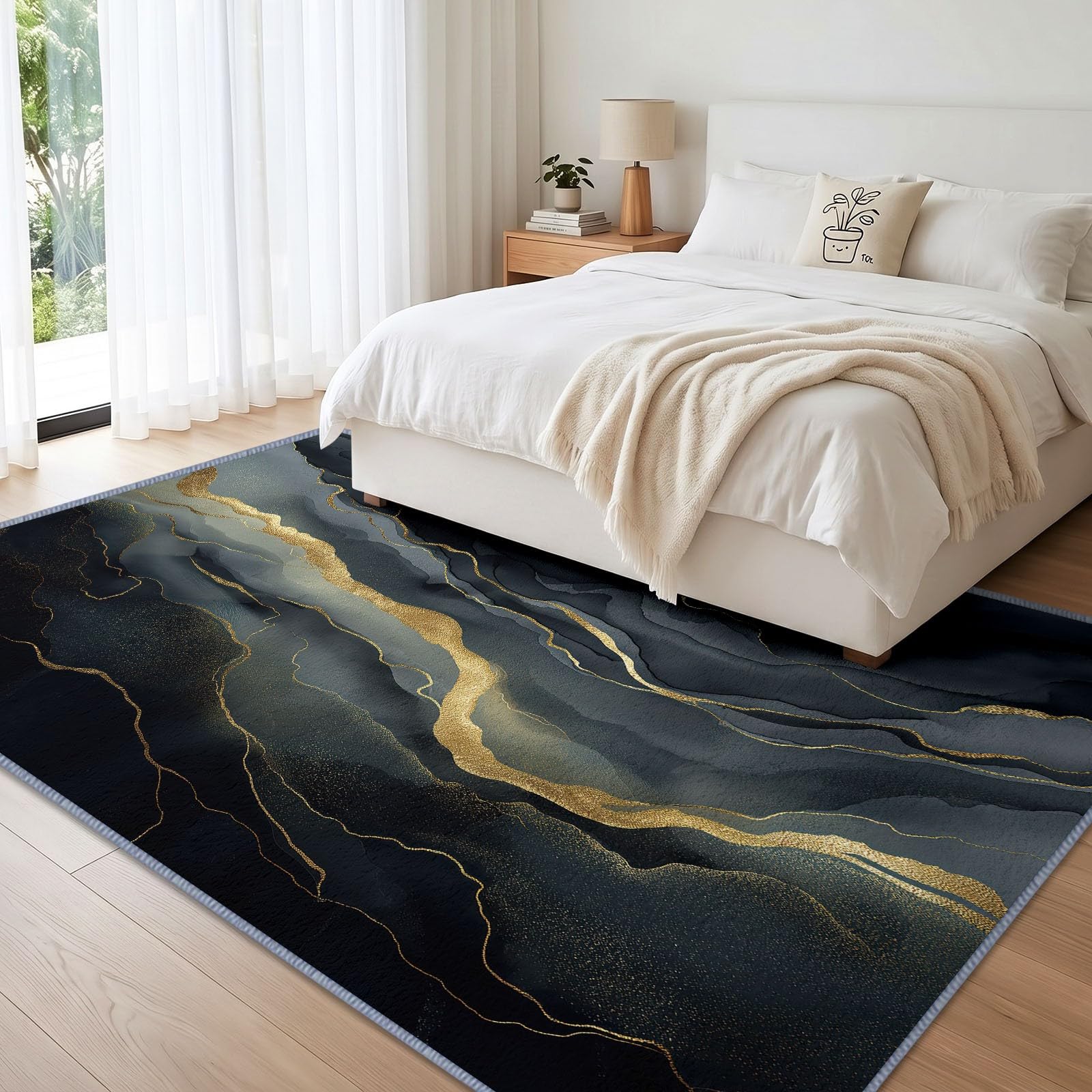 Zmywalny dywan z abstrakcyjnego marmuru, do salonu, 140 x 200 cm, akwarela, złote żyłki, antypoślizgowy dywan z krótkim włosiem, dywan do sypialni, mata podłogowa do jadalni, kuchni, domu, biura