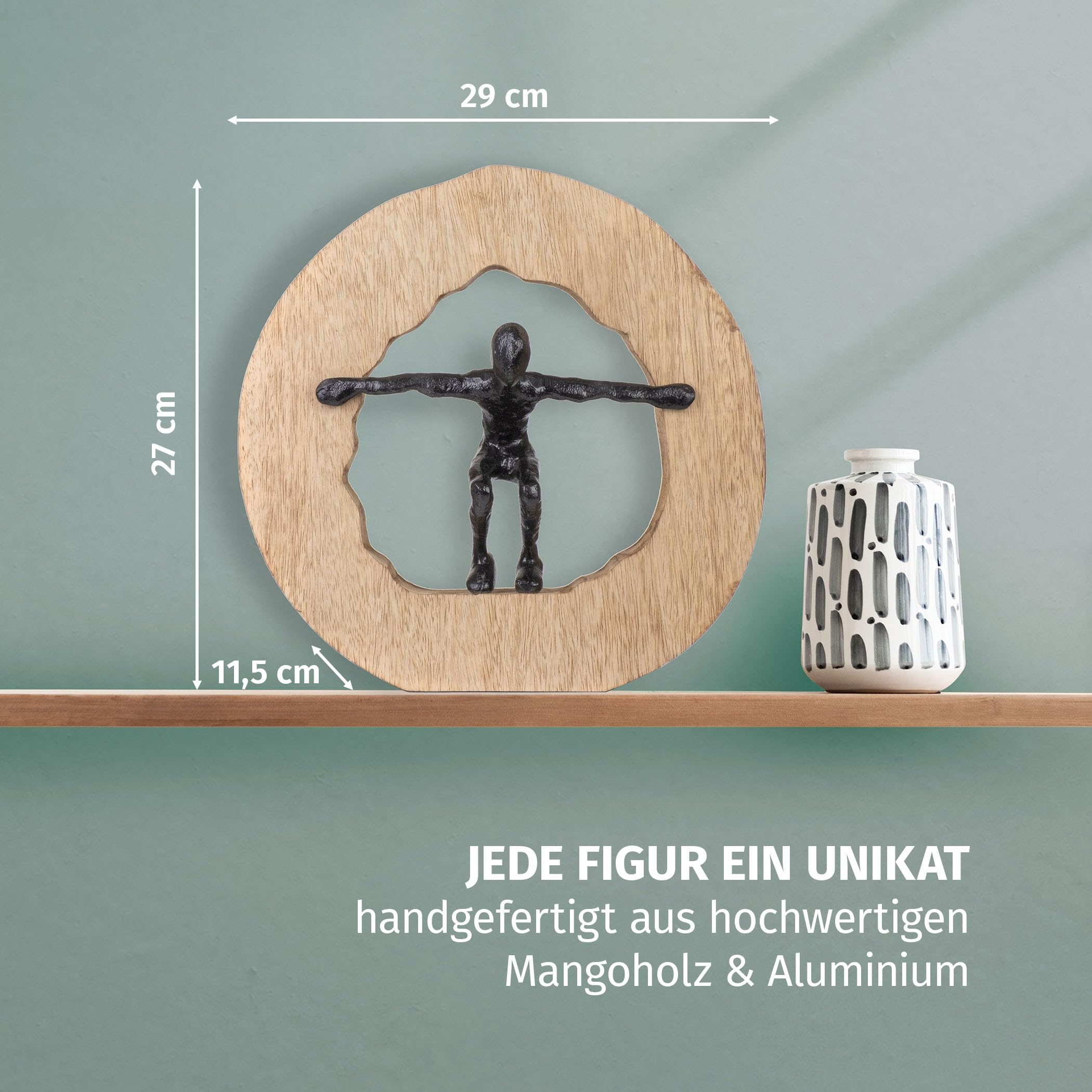 Moritz Skulptur Wage den Sprung 27 cm schwarz – Mangoholz Deko Figur modern | Handgefertigt aus Massivholz und Aluminium, Unikat mit feiner Maserung, Symbol für Mut und Balance, ideal für Büro und Regal