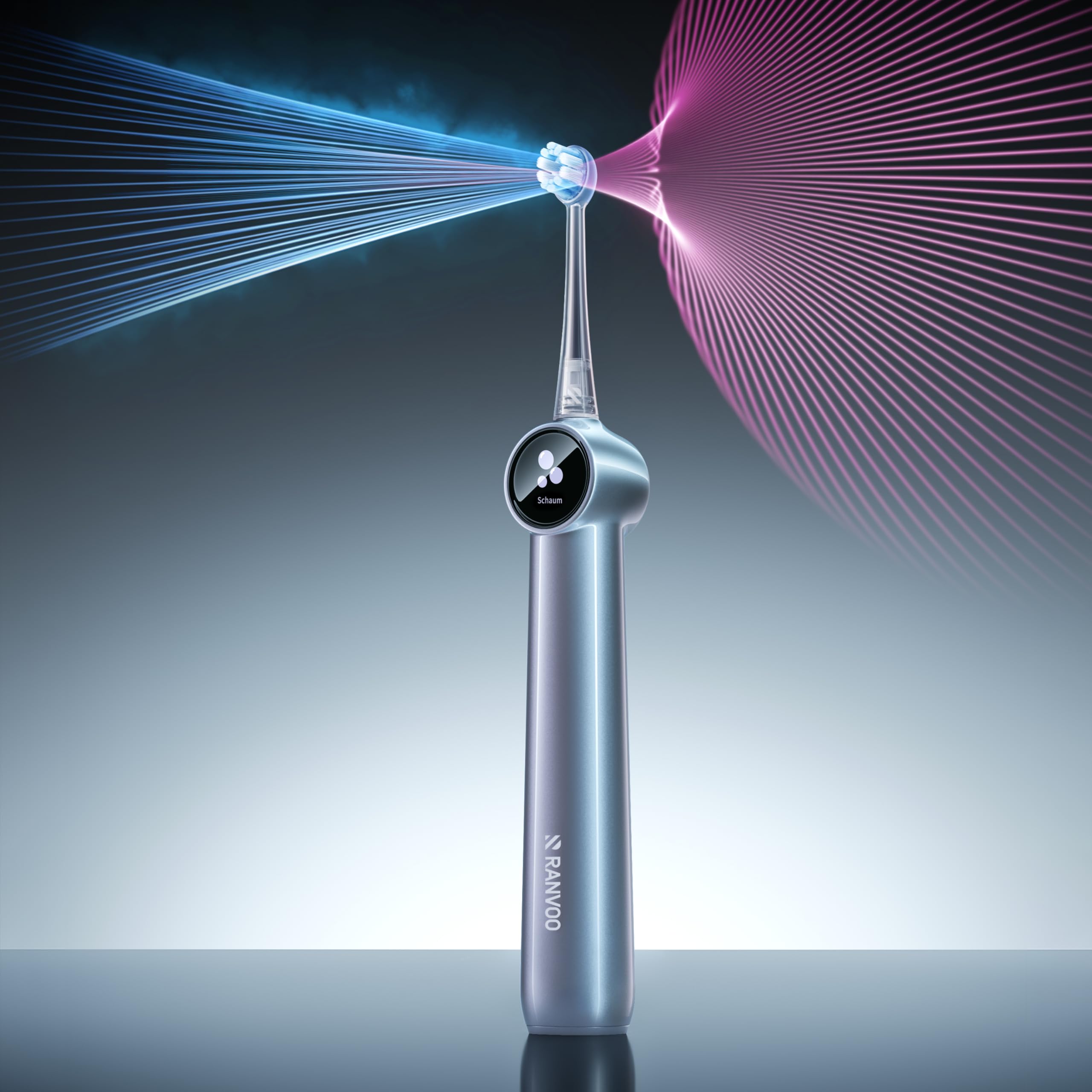 RANVOO AirJet X5 [Extra tiefe Zahnzwischenraum-Reinigung] Next-Gen elektrische Zahnbürste, 100% Plaque-Entfernung, Zahnfleischpflege, für Zahnspangen geeignet, 60 Tage Akku, 3 Bürstenköpfe, Stahlblau