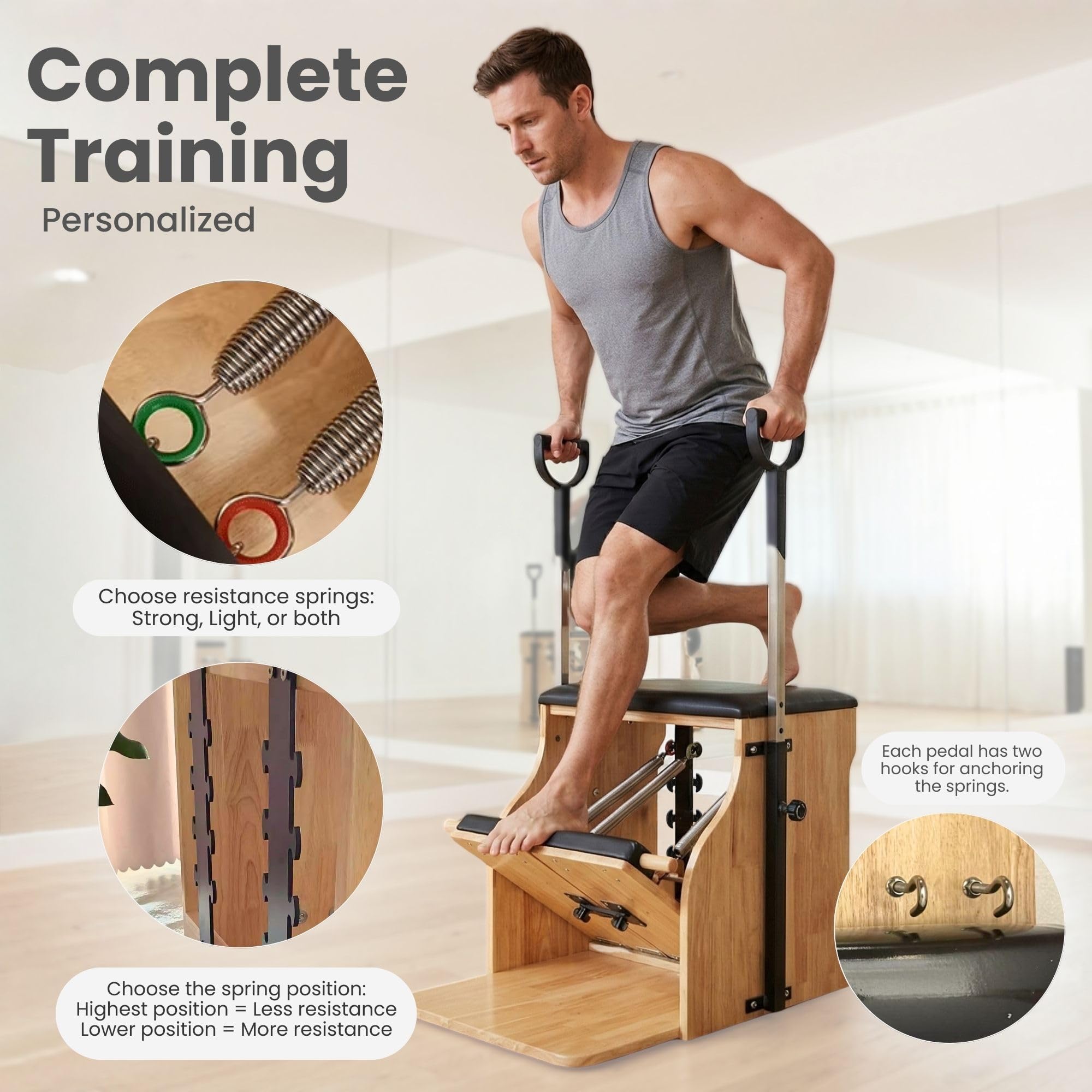 Silla Pilates Reformer Profesional, Pedales Divisibles y Asas. Silla de Pilates de Estabilidad para Casa o Estudio. Equipo Multifuncional de Reformer para Equilibrio y Fuerza. 4 Muelles Incluidos