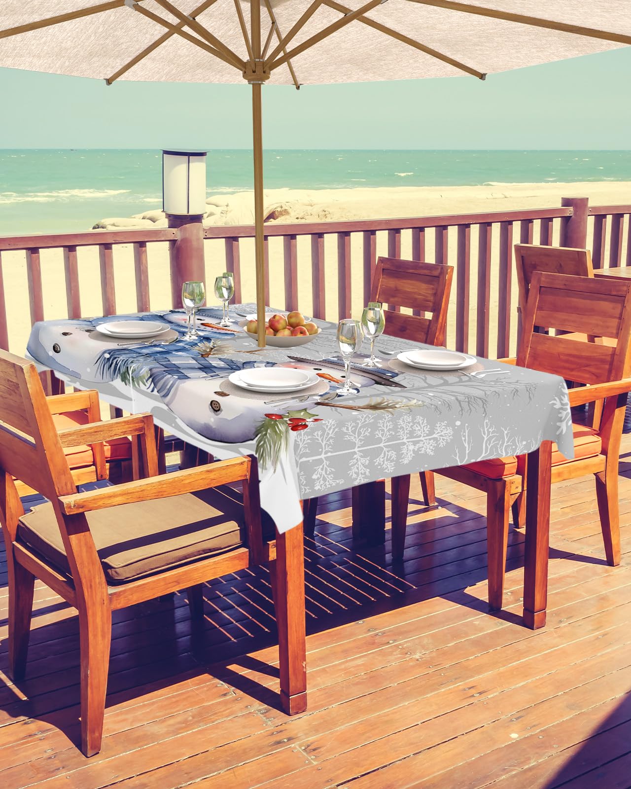 Forest Snowman Outdoor Tablecloths with Umbrella Hole and Zipper, Christmas Tree Branch Grey Waterproof/Stain Resistant Rectangle Table Cloth 54x80 Patio Table Cover for Picnic/Party Baby Shower