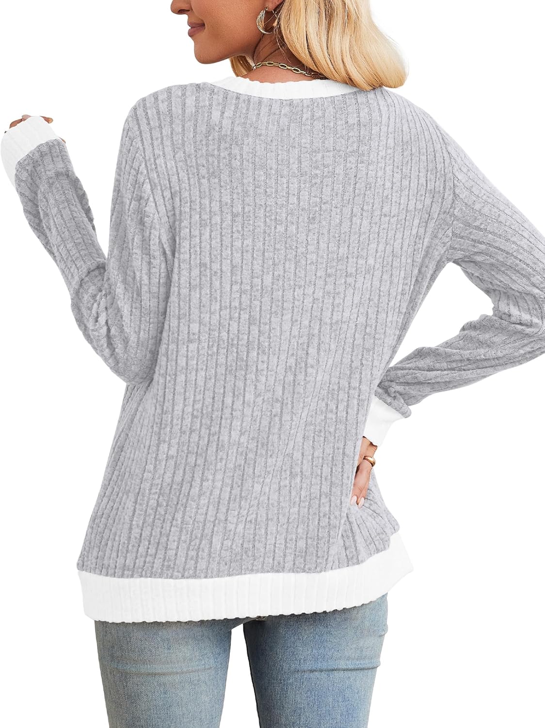 Sampeel Womens Tops Long Sleeve Shirts Lightweight Sweaters Loose Fit Crewneck Color Block Fall Fashion Outfits - Image 5