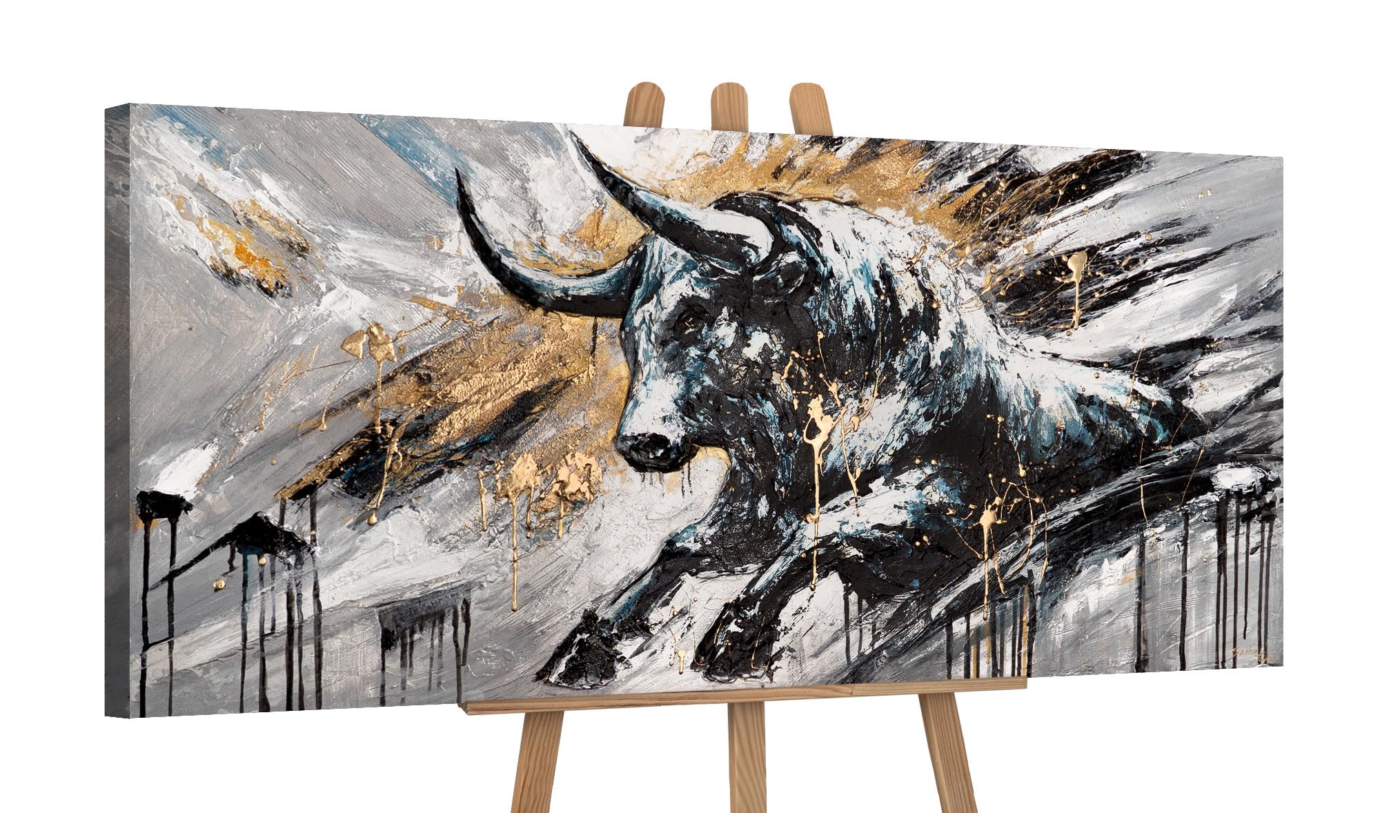 YS-Art Quadro Astratto Toro Nero e Oro - Dipinto a Mano su Tela Materica