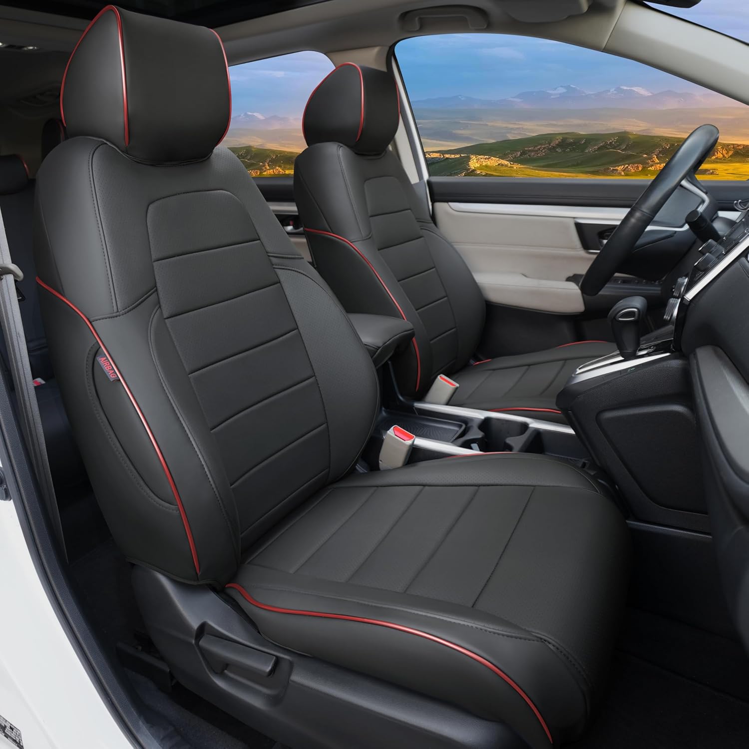 Lolcar CRV Seat Covers Custom Fit for Honda CRV 2017 2018 2019 2020 2021 2022,Leather Car Seat Cover Full Set for Trucks SUV,Waterproof Car Seat Cushion,Faux Leather (Black with red Trim)
