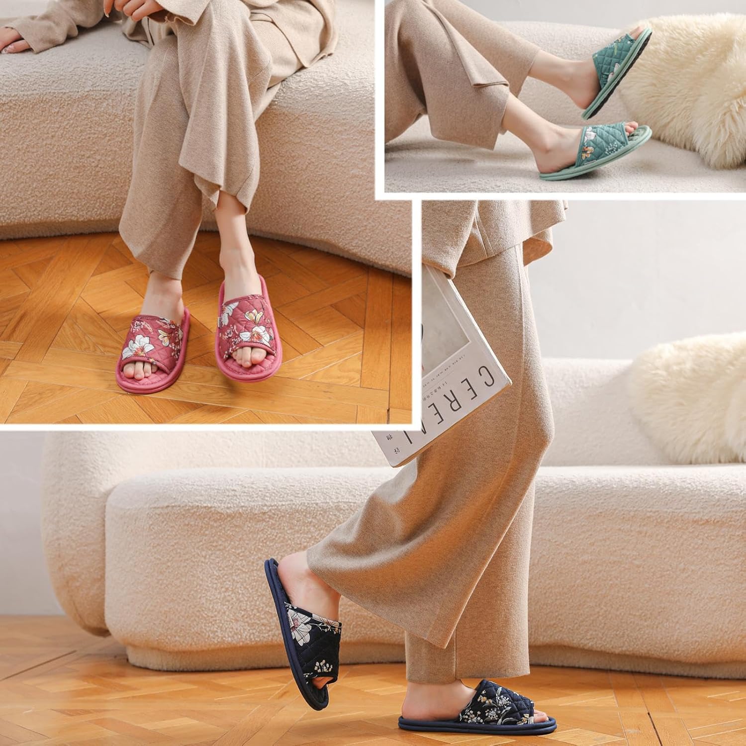 3 Pairs Floral Cotton House Slippers for Women, Open Toe Indoor Slippers Comfortable Washable Portable Foldable Guest Travel Hotel Airplane Spa Slippers - Image 2