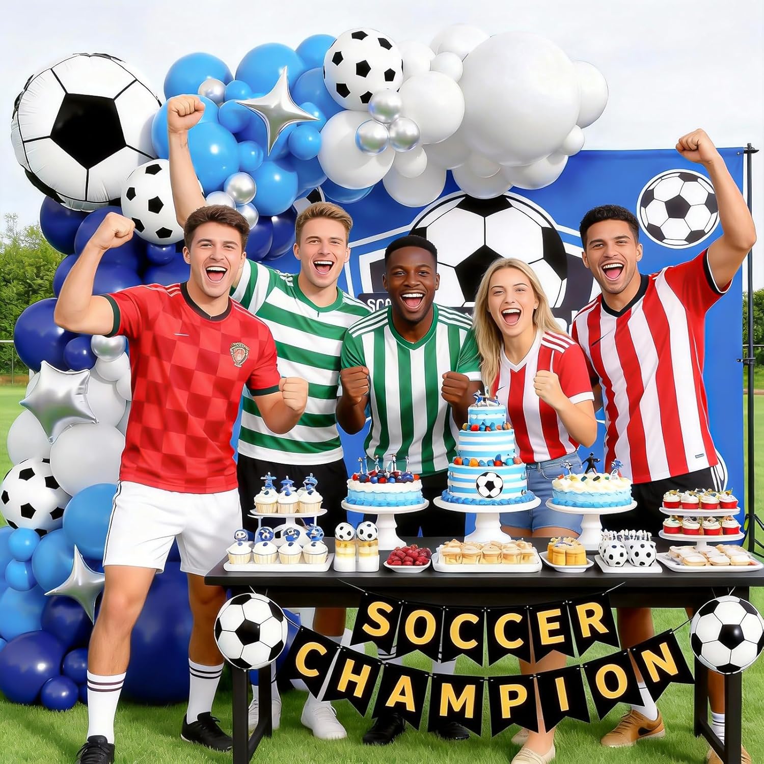 Soccer Balloon Garland Arch Kit,Blue White Silver Arch Kit with Soccer 4D Foil Balloons and Star Foil Balloons for Sports Theme Birthday Party Decorations - Image 5