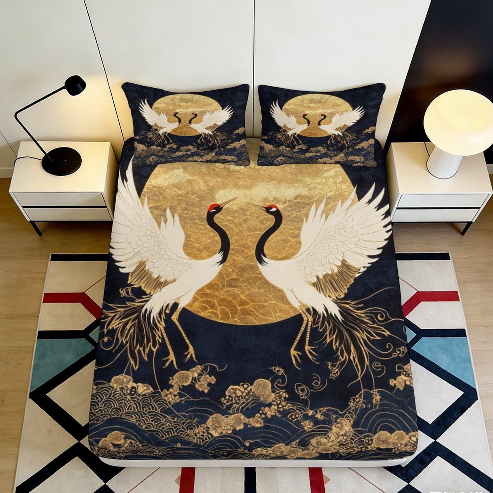 3D Printed Crane Moon Fitted Sheet Microfiber Soft Non Slip Japanese Waves Mattress Cover Bedroom Decor 90x200x25cm