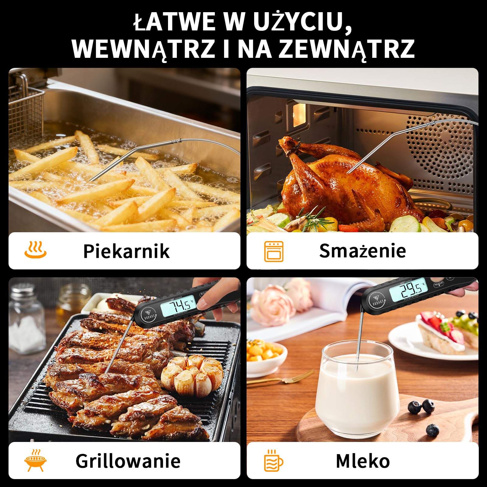 DOQAUS Termometr do mięsa z 2 Sondami - Dokładność ± 1°C i Pomiar w 3 Sekundy, Alarm i Podświetleniem do Pieczenia i Grillowania (Czarny)