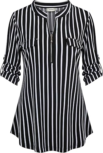 BEPEI - Blusas florales de gasa para mujer, camiseta con manga de 34, cremallera y cuello en V