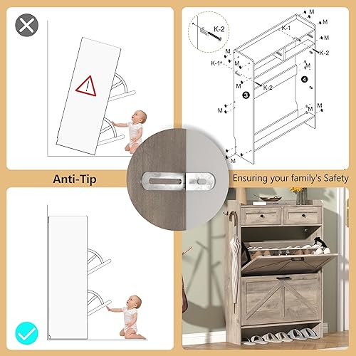 Miniatura 7 de Armario de zapatos con 2 cajones abatibles y 2 cajones de almacenamiento, armario organizador de zapatos estrecho rústico de granja, gabinete