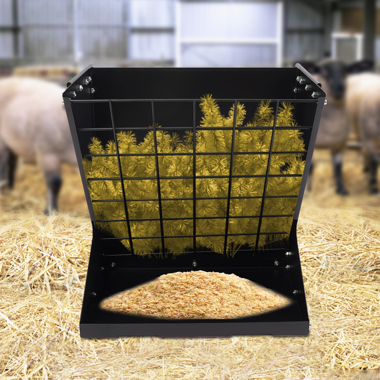 Comedero de heno grande para caballos y ovejas, 2 en 1 para heno y cereales con rejilla de ahorro de alimentos y gancho ajustable para comer, comederos de heno para granjas, granjas de caballos,