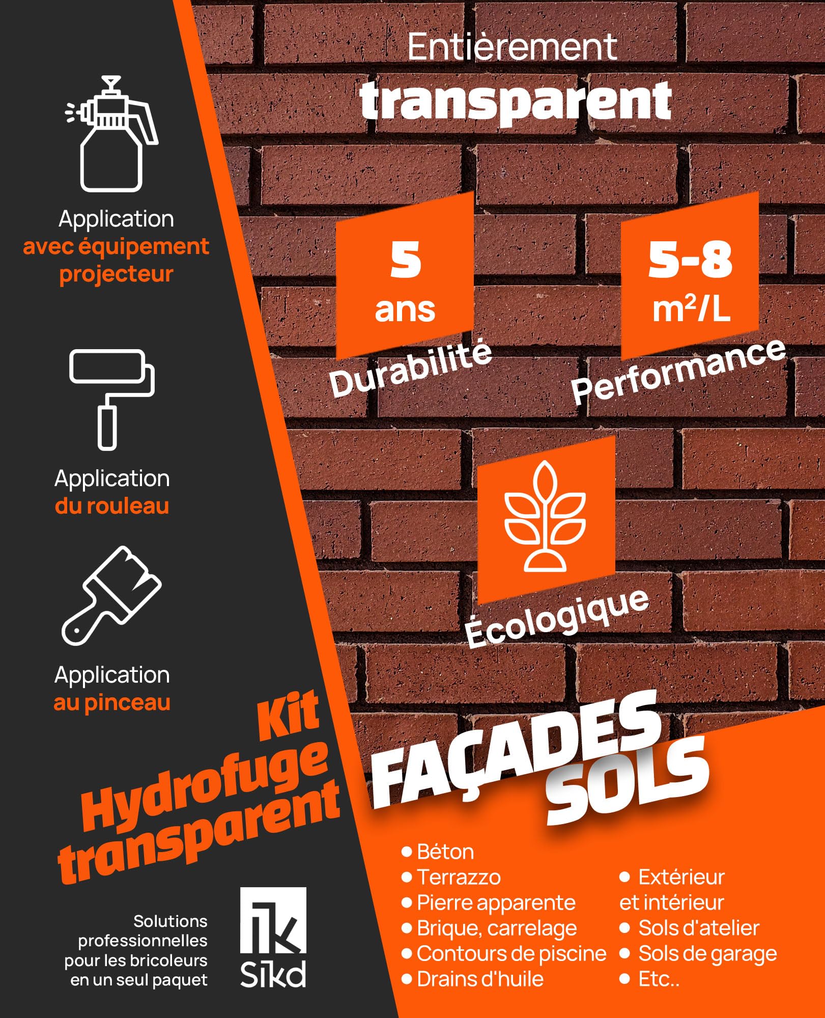 SIKD - Hydrofuge pour Pierre. Imperméabilisant pour Sols et Façades. Protection effet mat 5 L Incolore avec Pulvérisateur à Pression.