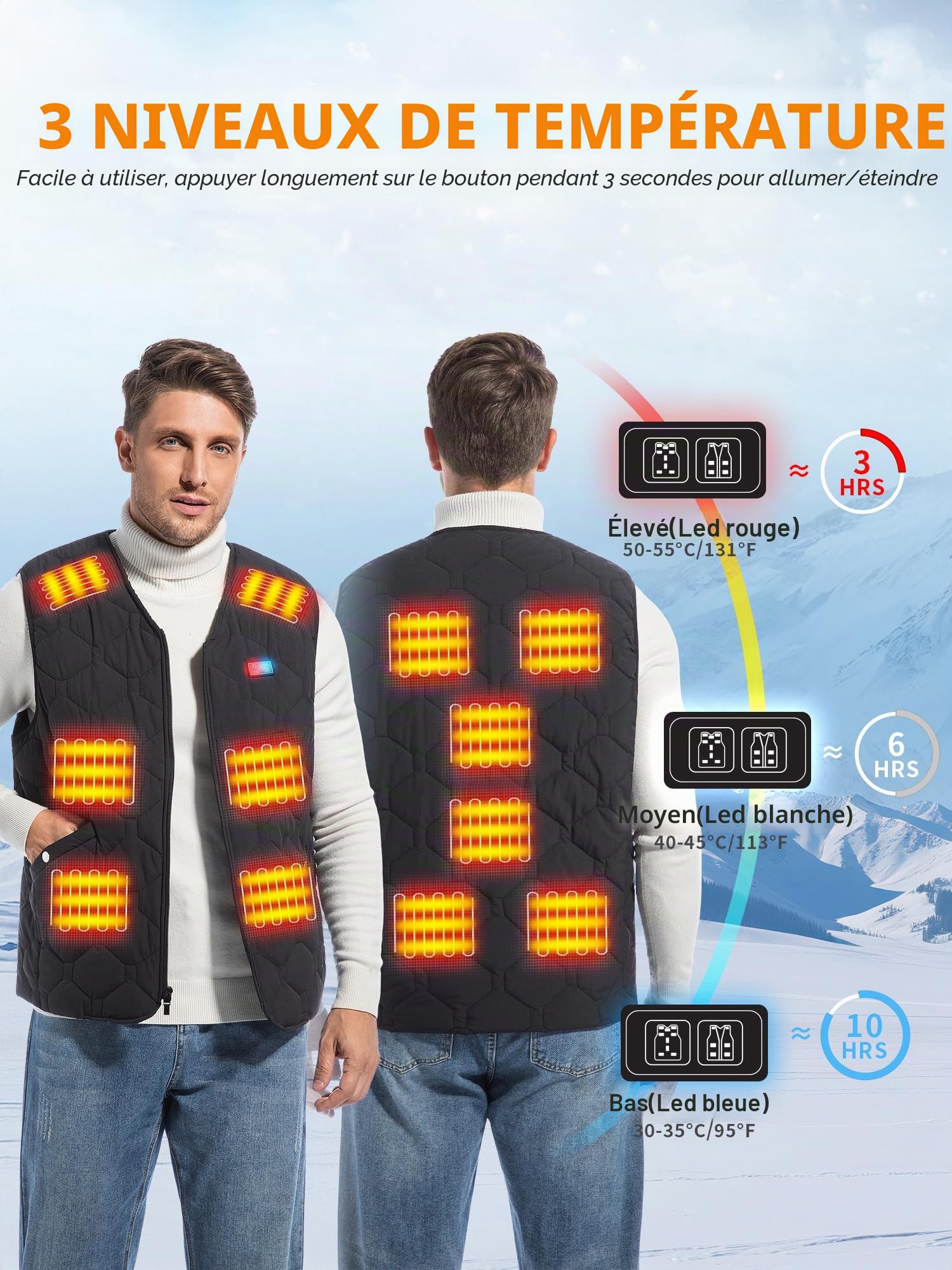 Rrtizan Gilet chauffant pour homme et femme avec batterie externe, gilet chauffant avec 3 niveaux de température et 15 feuilles de chaleur, veste chauffante électrique sans manches, lavable pour