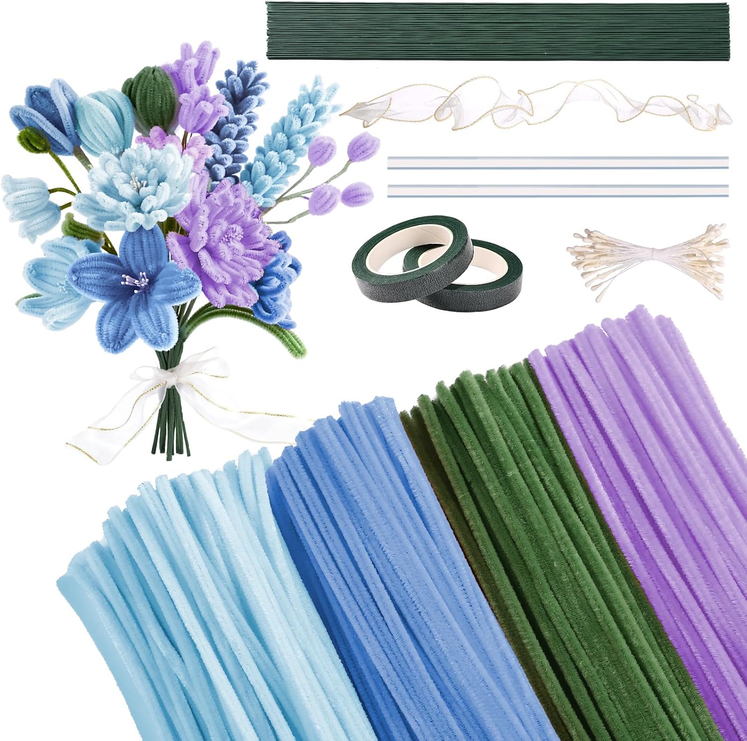 Yinsun 400 Pcs Pipe Cleaners Craft Set, 4 Colors Pipe Cleaners Flowers Kit, Chenille Stems Bulk for DIY Handmade Bouquet, Creative Gift with Stems, Tapes, Stamens, Glue Sticks, Ribbons