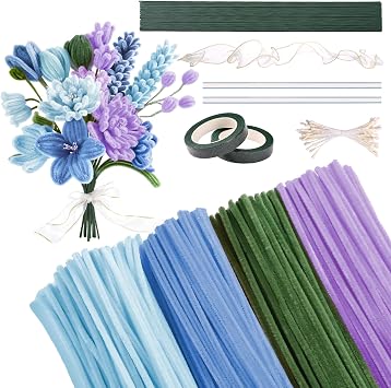 Yinsun 400 Pcs Pipe Cleaners Craft Set, 4 Colors Pipe Cleaners Flowers Kit, Chenille Stems Bulk for DIY Handmade Bouquet, Home Classroom Decor with Stems, Tapes, Stamens, Glue Sticks, Ribbons