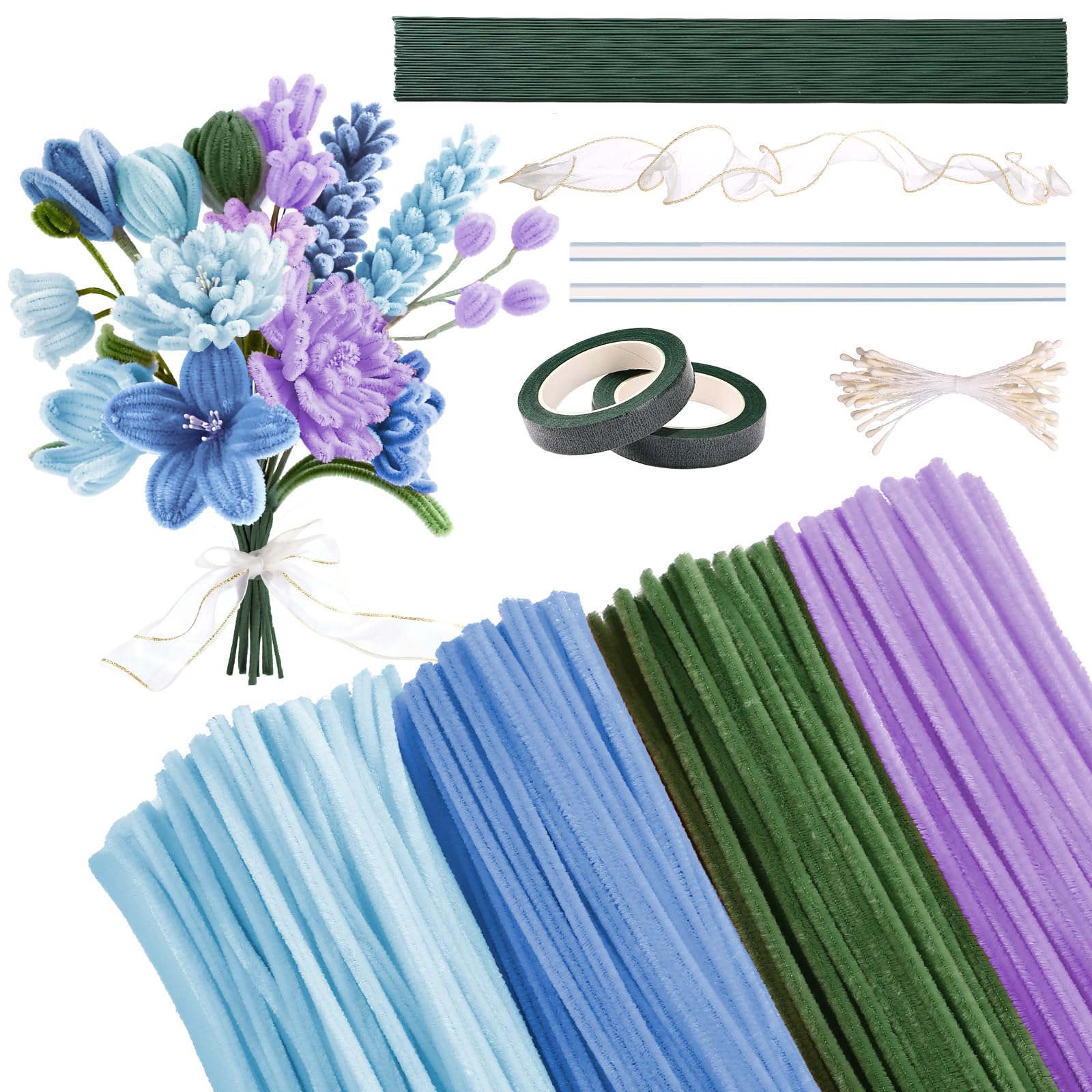 Kesote Pfeifenreiniger 200x Pfeifenputzer zum Basteln Blumen Set 4 Farbe Pipe Cleaner mit Blumendraht DIY Blumenstrauß Blau Basteln Weihnachten Geschenk Dekoration Flower