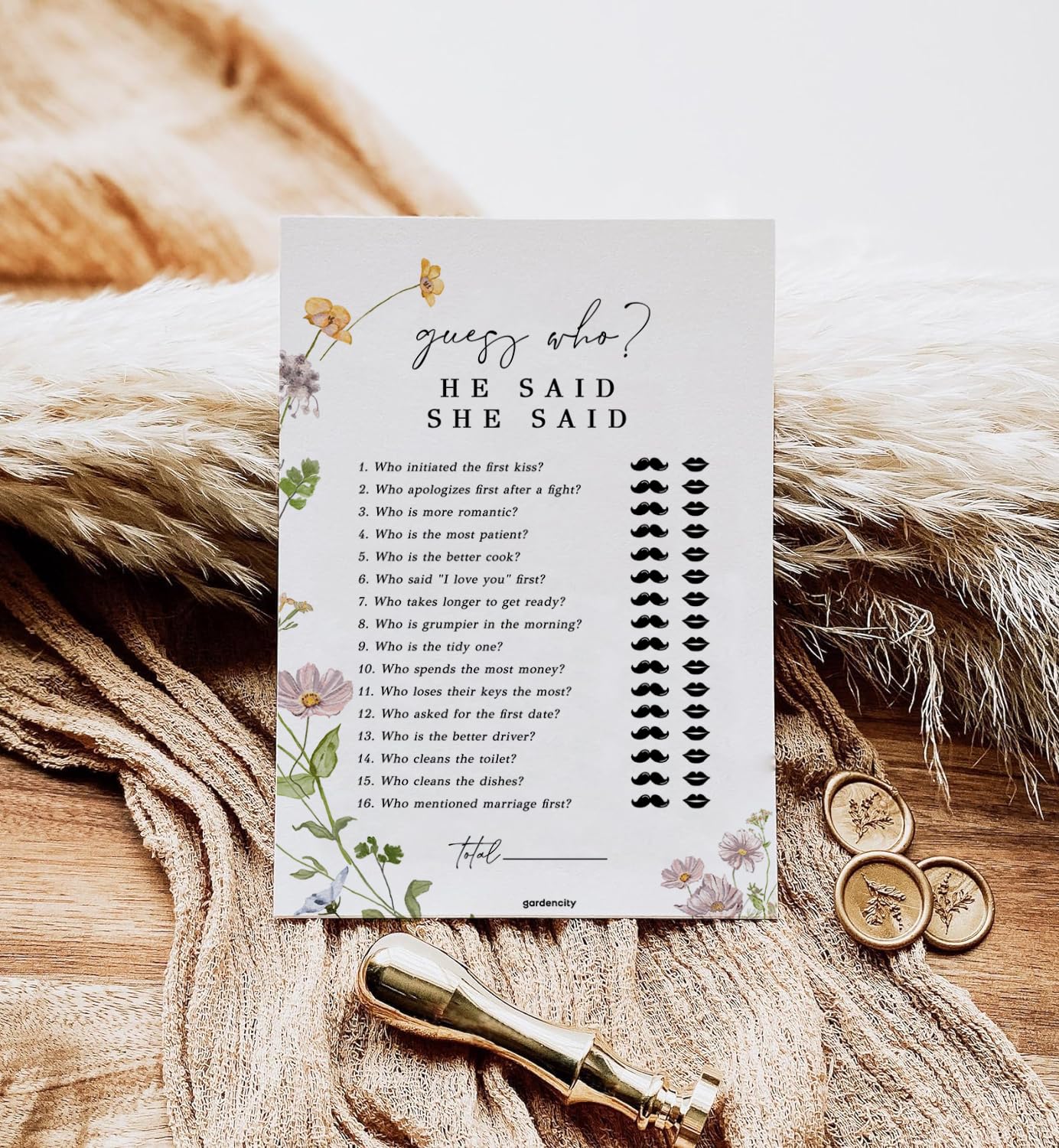 Bridal Shower Games, He Said She Said Bridal Shower Game for 50 Guests, 50 Cards, Wildflower