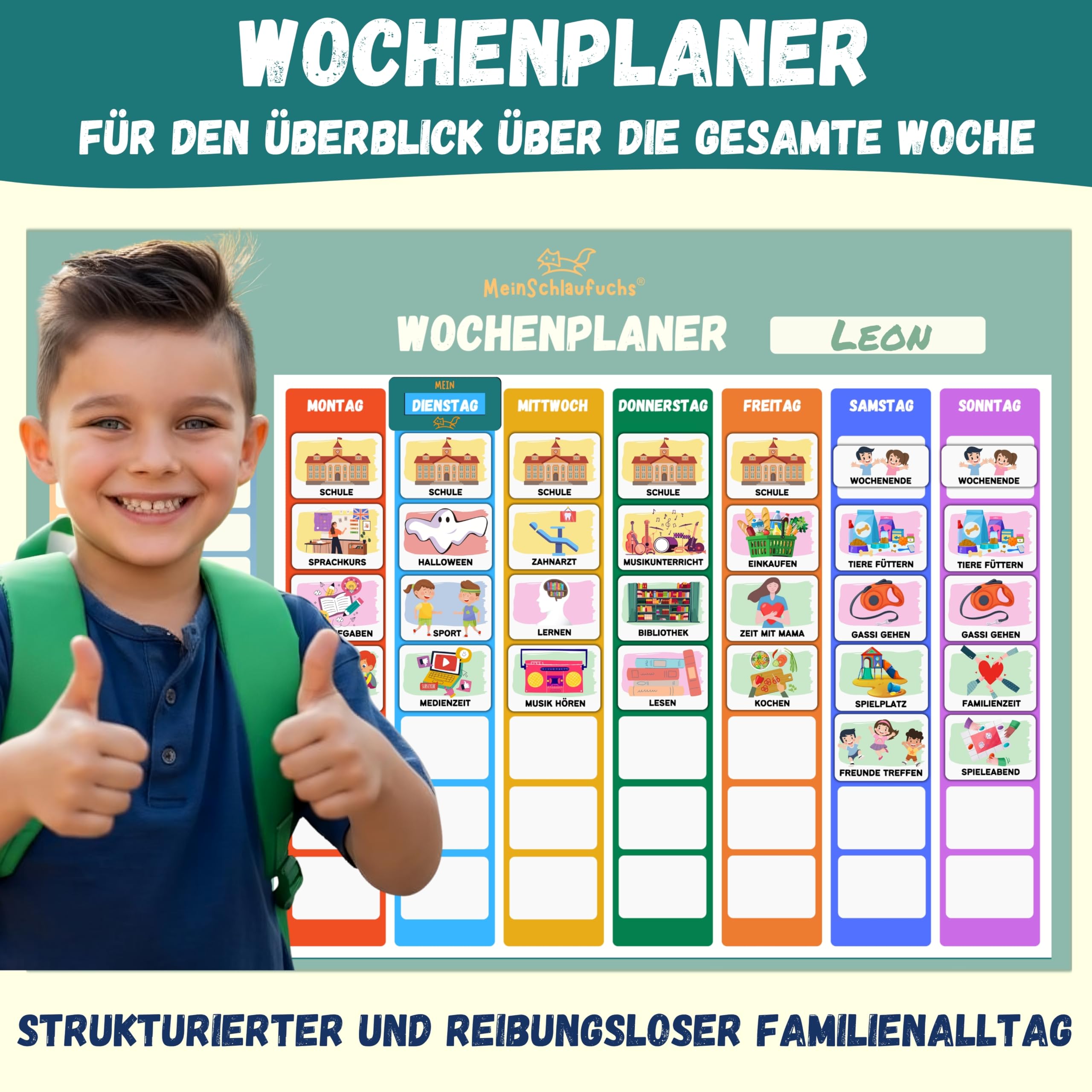 Montessori, agenda settimanale per bambini, lavagna magnetica con 250 magneti, scatola portaoggetti, cordoncino e penna, scrivibile e lavabile, agenda di routine per bambini (verde)