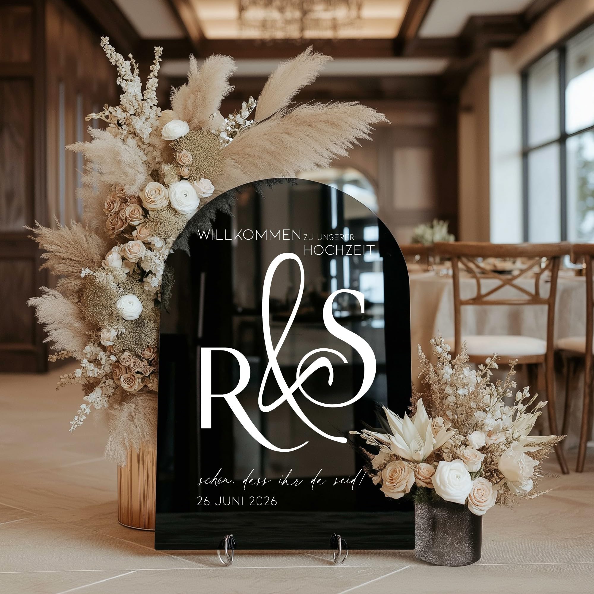 Willkommensschild Hochzeit personalisiert Acrylglas Schwarz Hochglanz – elegante Deko für Empfang, Party & Events – Made in Germany