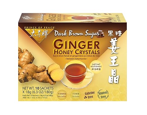 Prince of Peace Cristales instantáneos de miel de jengibre y azúcar moreno oscuro, 10 bolsitas - Bebida instantánea caliente o fría - Cristales de
