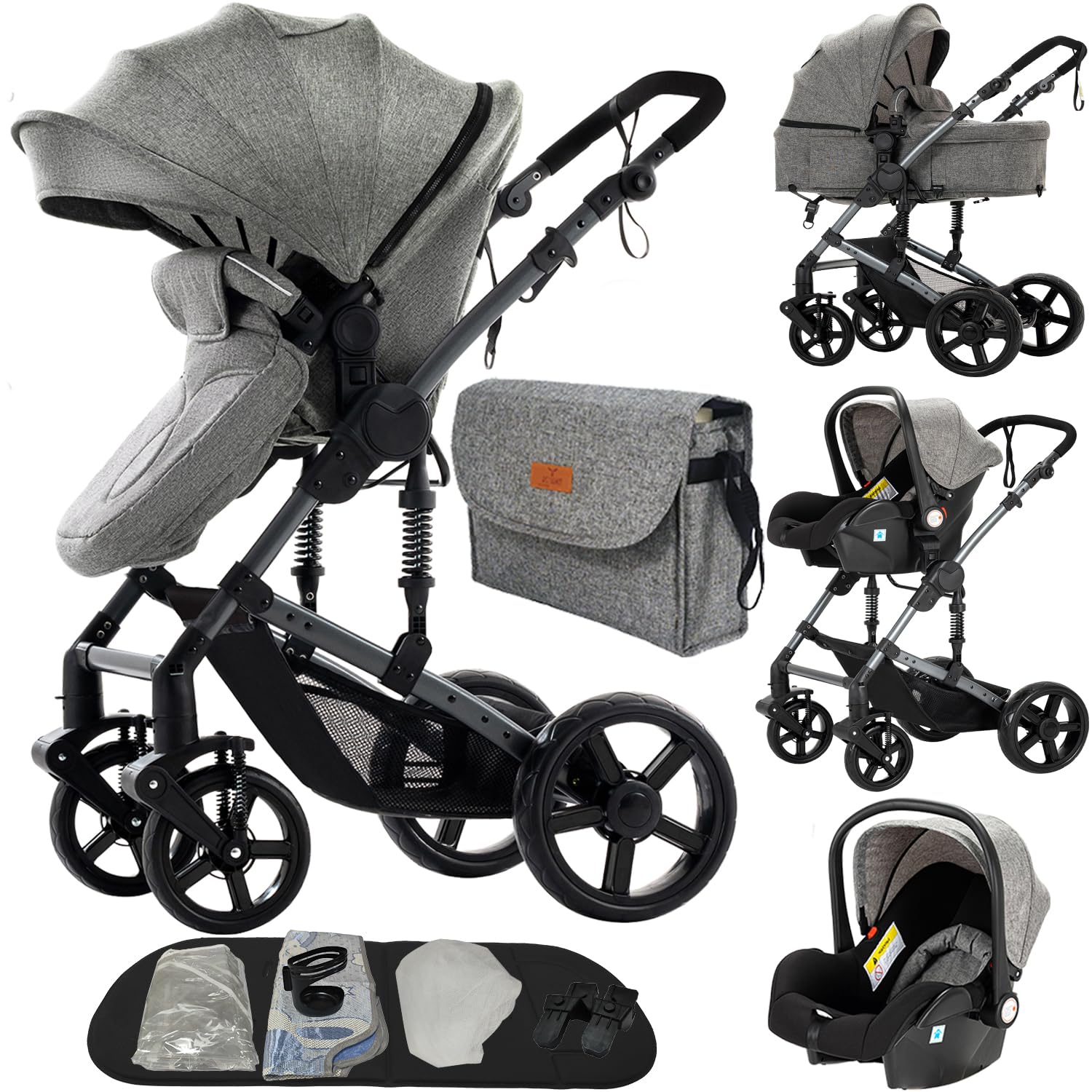 MoLi Poussette 3 en 1, Poussette Bebe avec Mode Double Poussée Réversible, Pousette 3 en 1 avec Nacelle Grande, Poussette Trio Cadre en Alliage d'aluminium Pliable Haut Paysage (588 Grey)