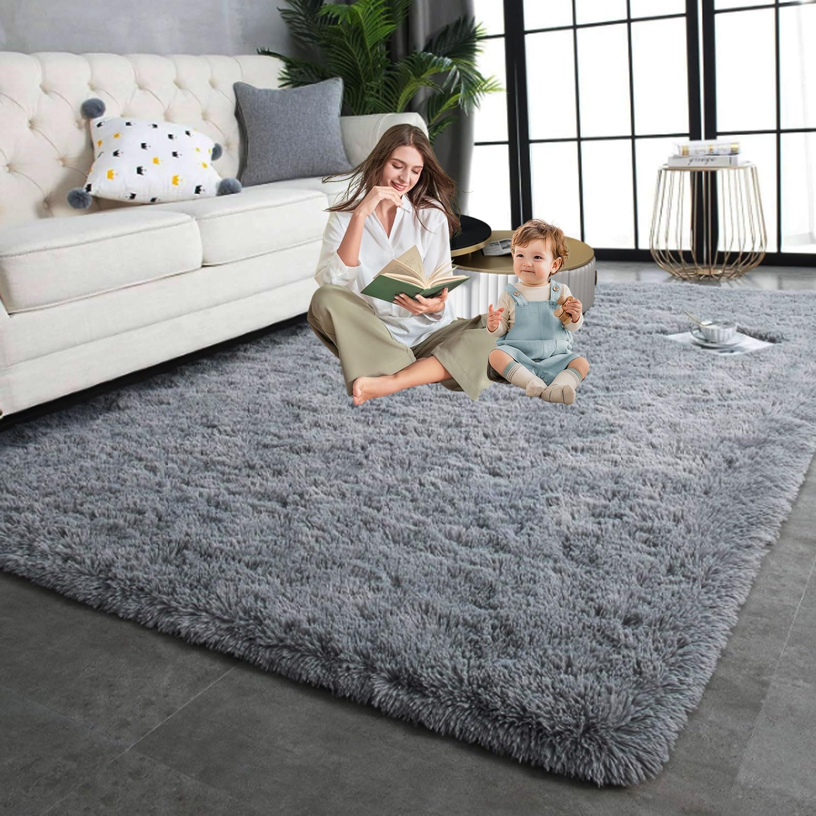 Hoogpolig Vloerkleed 95 x 140 cm Pluche Hoogpolig Shaggy Zacht Tapijt Woonkamer Pluizige Tapijten Woonkamer, Slaapkamer, Eetkamer, Grijs