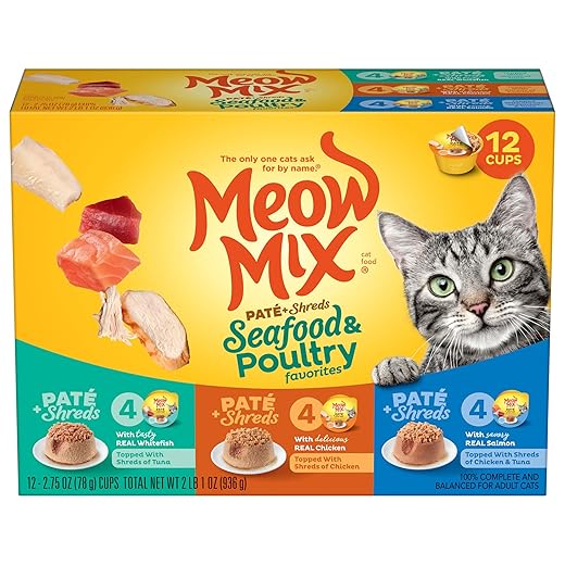 Meow Mix Paté & Shreds Wet Cat Food Variety Pack, Seafood & Poultry Favorites, 2.75 Ounce Cup (Pack of 12)