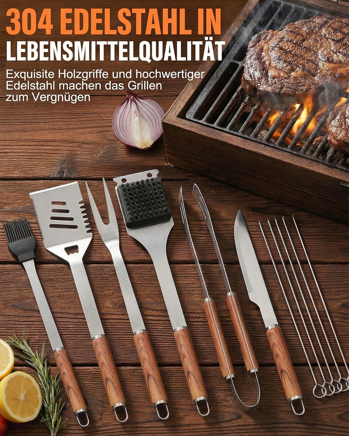 Grillbesteck Set, 11-teilig Edelstahl Grillzubehör mit Aufbewahrungskoffer, Hochwertiger BBQ Grillutensilien Set für Garten und Camping, Professionelle Grillzubehör für Männer Frauen
