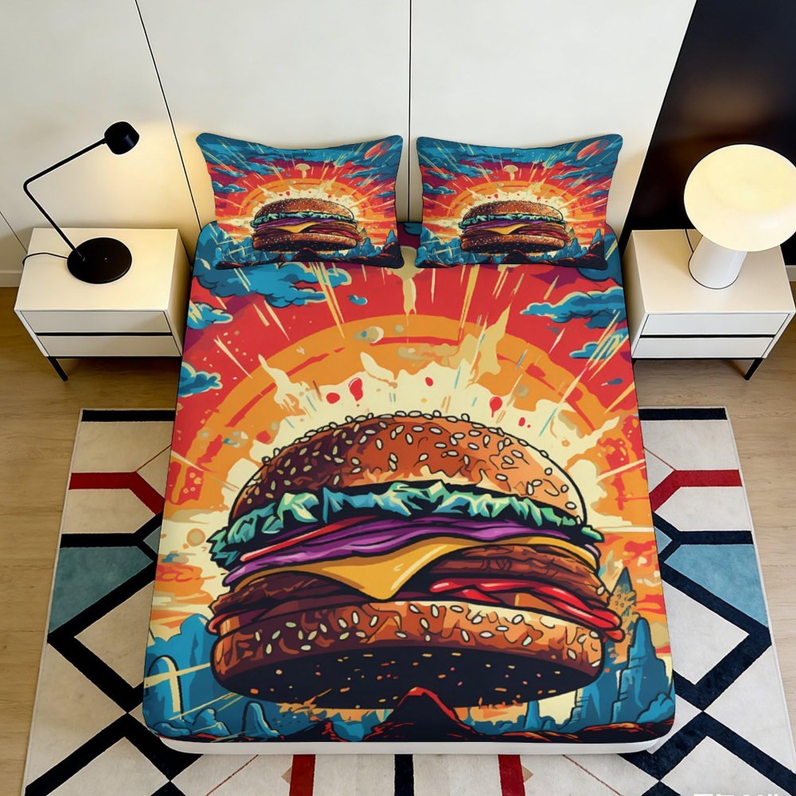 Jqzkxnhpbr Style-10 3D Printed Burger Pop Art Fitted Sheet Microfiber Vibrant Sunrise Mattress Cover For Bedroom Dorm Decor Easy Care 90X200x25cm
