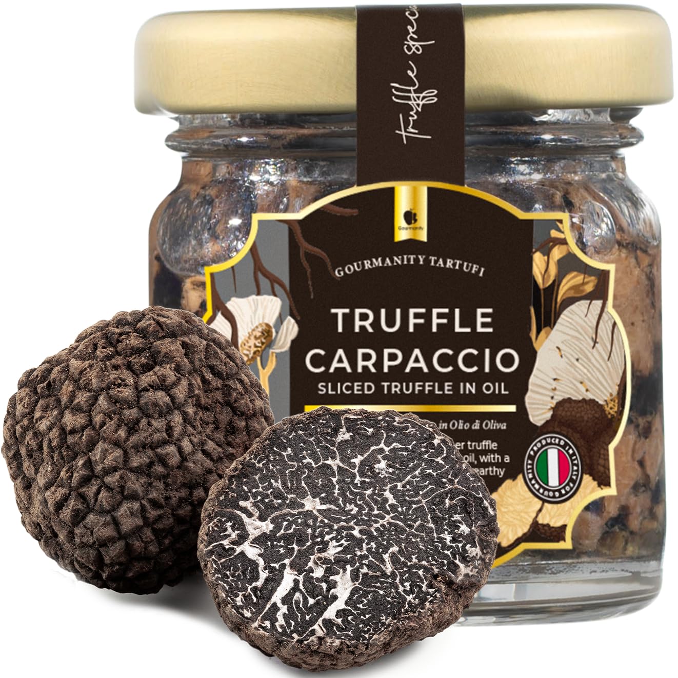 Truffle Carpaccio, Delicately Sliced Summer Truffle in Olive Oil, Deep Umami Flavor, Made in Italy, 1.23oz Jar
