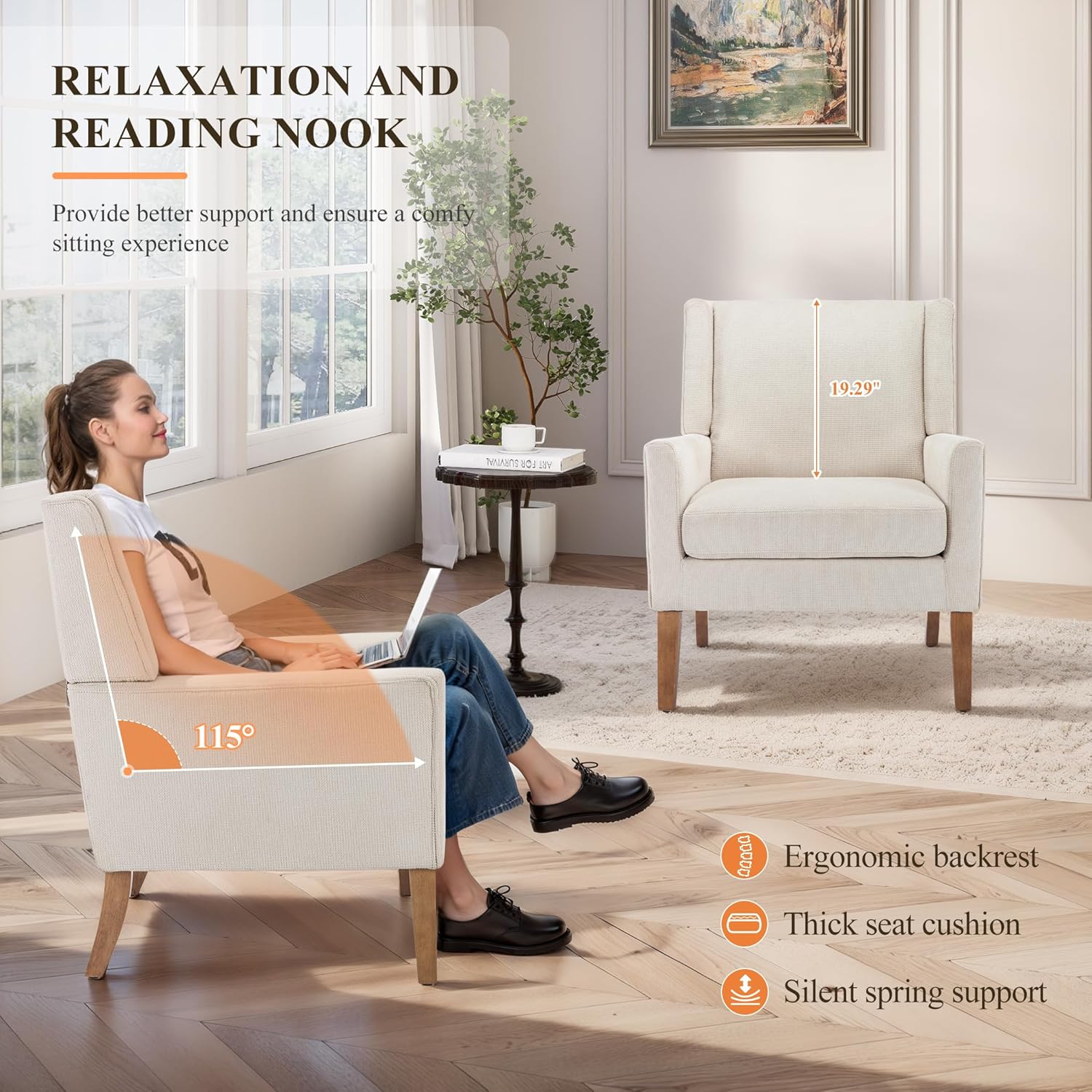 Accent Chairs for Living Room, Mid-Century Wooden Fabric Living Room Chairs, Arm Chair, Side Chairs for Living Room, Bedroom, Reading Nook