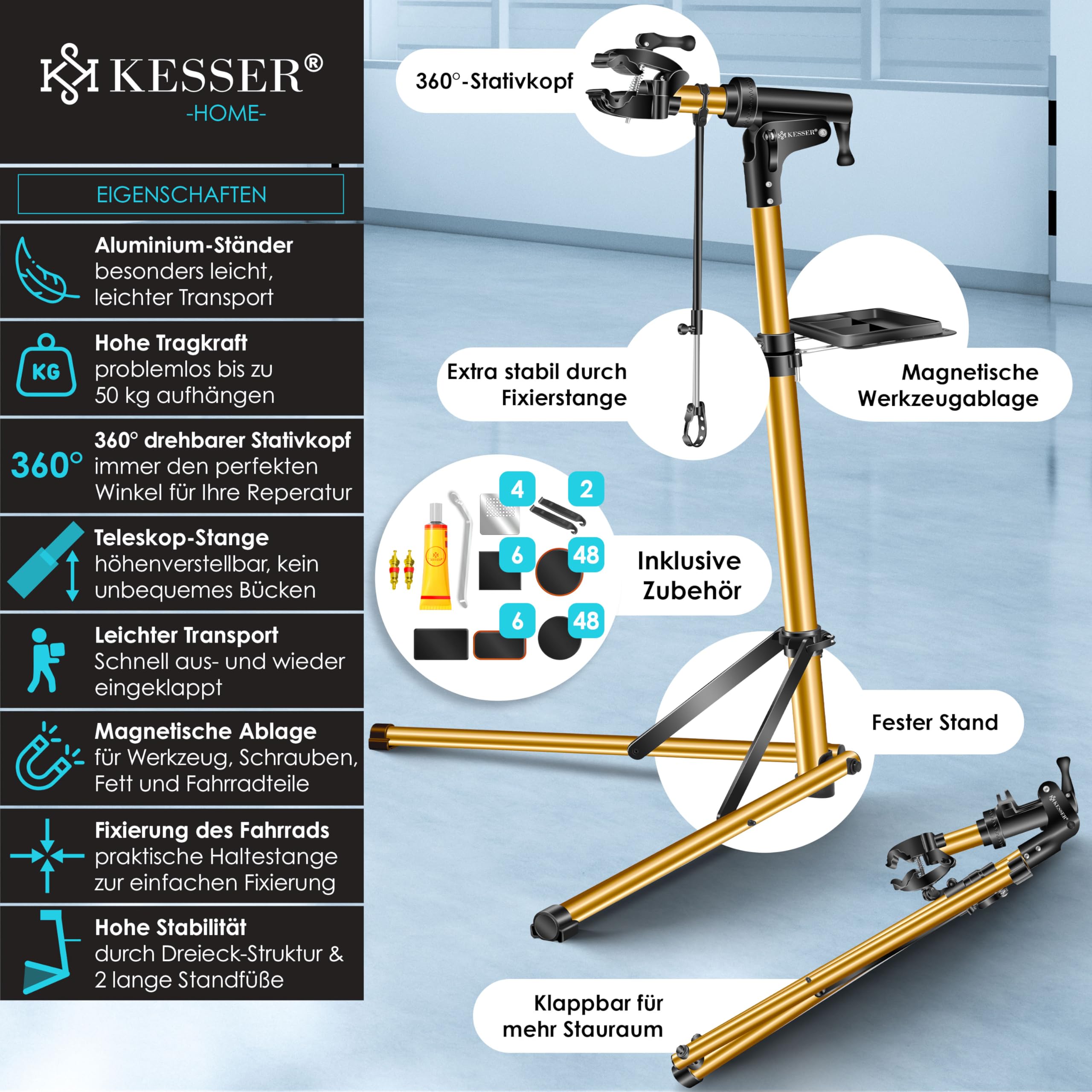 KESSER® Cavalletto di Montaggio per Biciclette Cavalletto di Riparazione Professionale in Alluminio per Biciclette Mountain Bike Cavalletto di Montaggio per e-Bike per carichi