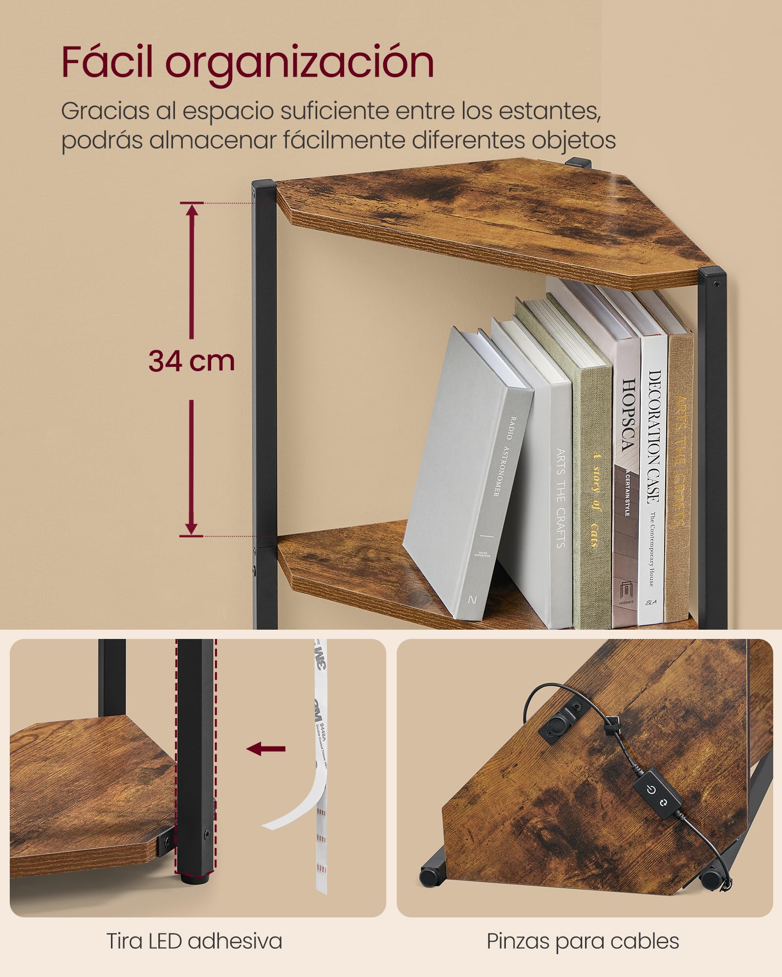 VASAGLE Estanteria Esquinera de 6 Niveles, Librería con Iluminación LED Ajustable, Estantería con Marco de Acero, 24,8 x 48 x 182,1 cm, para Salón, Dormitorio, Estudio, Marrón Rústico LBC591KD01