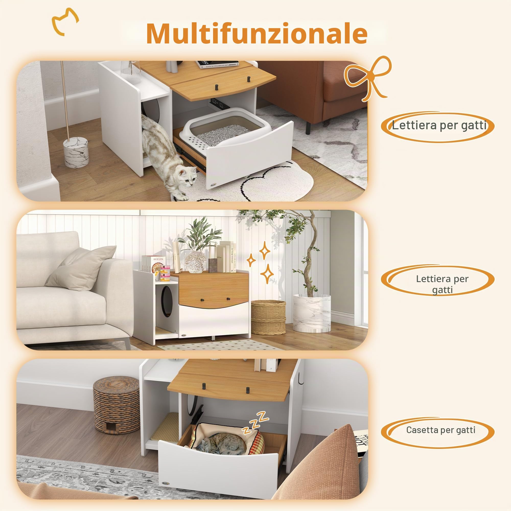 PawHut armadietto per gatti per lettiera, armadietto per lettiera con mobile estraibile, tappetino per la raccolta della lettiera, casetta per gatti da interno, 78 x 50 x 51 cm, rovere | Armadietto per gatti, lettiera nascosta con armadio estraibile, tapp