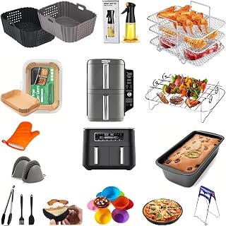 Best Ninja Air Fryer Accessories, 20pcs Reusable Silicone Pots, Stainless Steel Cooking Racks and Pans, 50pcs Liners. for most fryers: Ninja Foodi Dual AF300UK AF400UK