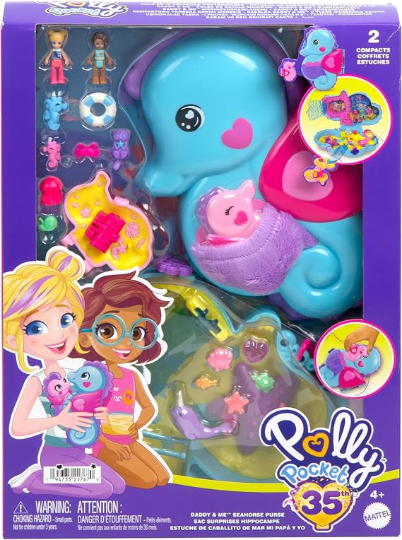 ​Polly Pocket 2-in-1 Daddy & Me Seahorse Compact | Wearable Purse Playsets, 2 Micro Dolls, 13 Accessories Including Sea Animals, Ocean Themed, HWP03