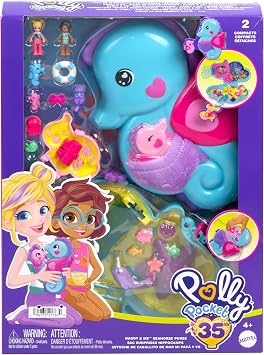 Polly Pocket 2-in-1 Daddy & Me Seahorse Compact | Wearable Purse Playsets, 2 Micro Dolls, 13 Accessories Including Sea Animals, Ocean Themed, HWP03