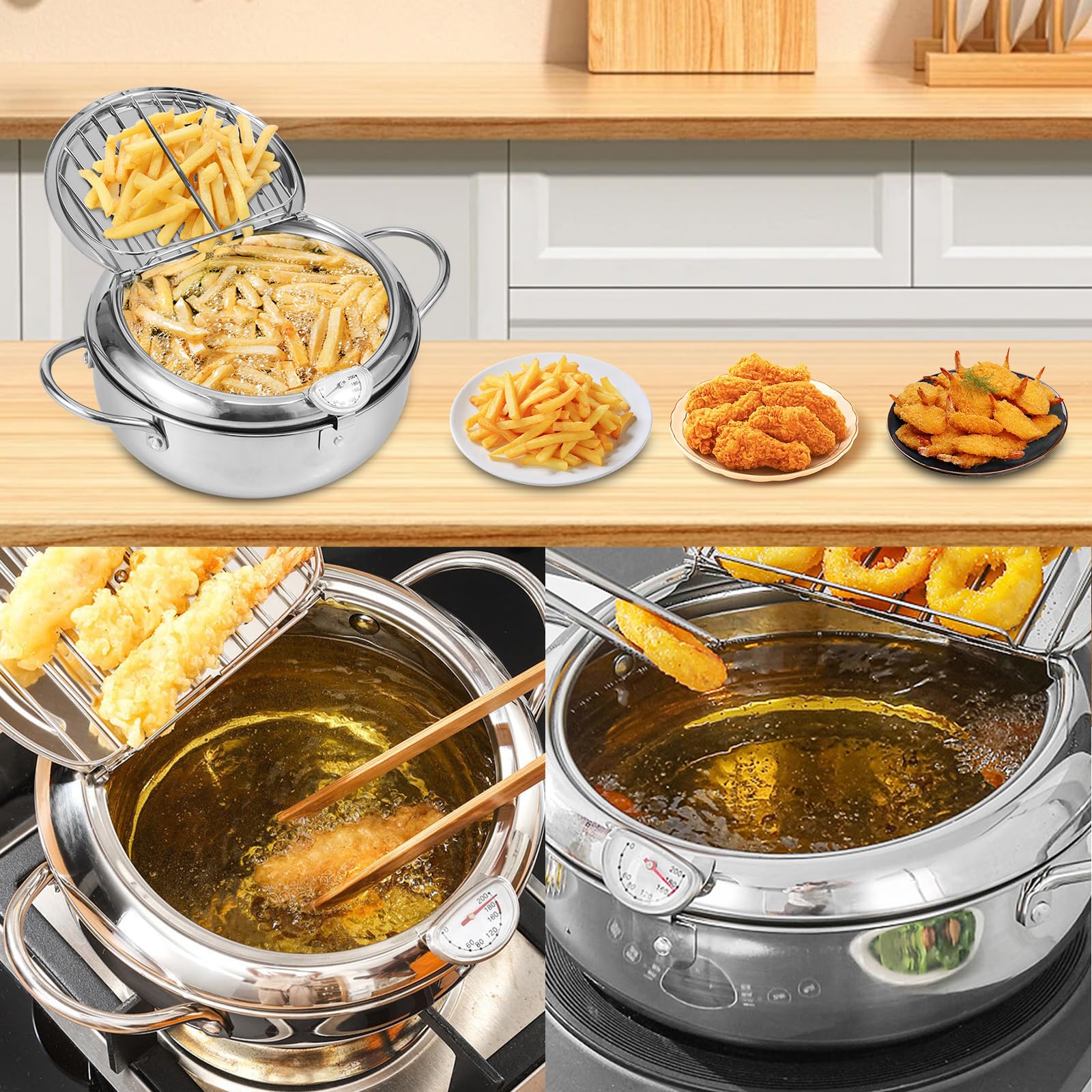 Olla freidora de acero inoxidable 304 de 9.75 pulgadas/3.4 L, olla de tempura estilo janpanese con cesta coladora y termómetro, olla con asa, recipiente de aceite para freír pescado, camarones y pollo