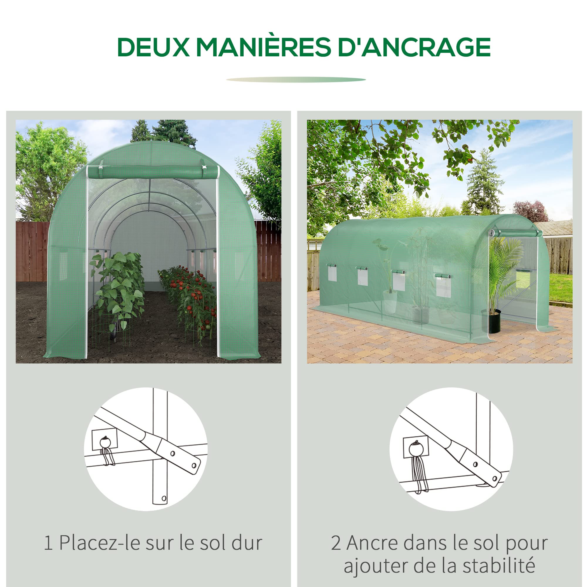 Outsunny Serre de Jardin Tunnel Surface Sol 10 m² 5L x 2l x 2,05H m châssis Tubulaire renforcé Porte zippée 8 fenêtres enroulables Vert