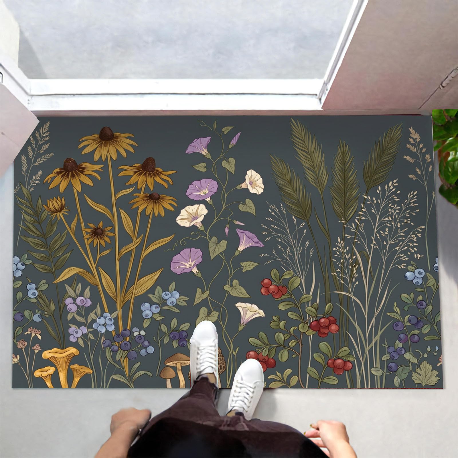 60X90Cm Zerbino Ingresso Interno Antiscivolo Assorbente, Tappeto Microfibra Sottile Lavabile Con Silhouette Retrò Fiori Selvatici Piante Naturali Rurali Per Cucina Bagno Porta Animali, Antracite