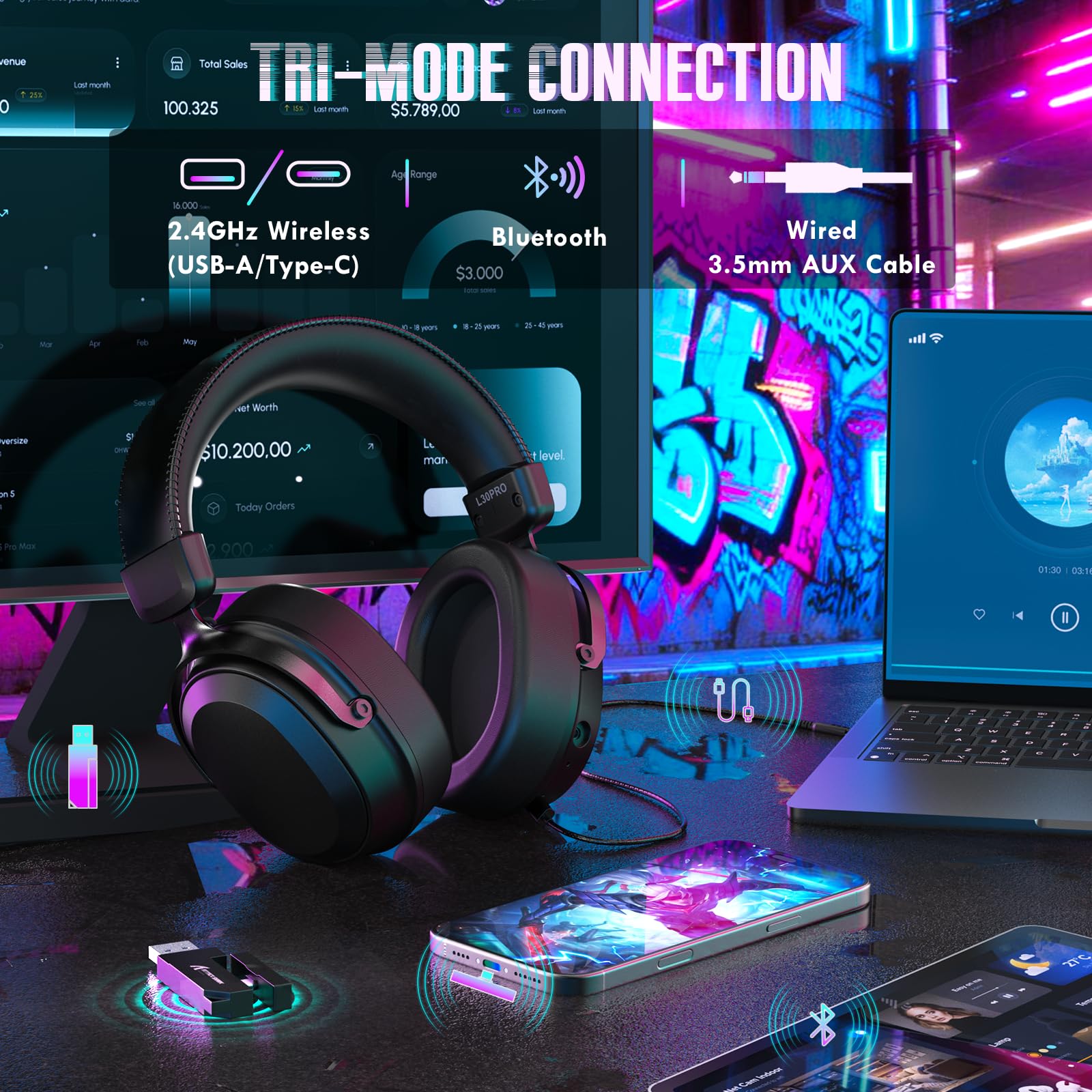 ATTACK SHARK L30PRO Kabelloses Gaming-Headset, 7.1 Surround Sound, EQ-Modi, 50-mm-Treiber, Tri-Modus, 1100-mAh-Akku, Over-Ear-Headset mit Abnehmbarem Noise-Cancelling-Mikrofon für PC - Schwarz