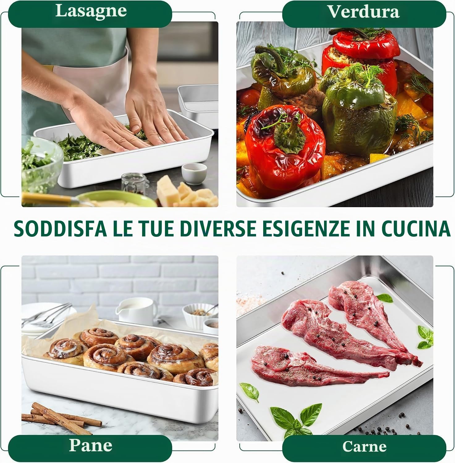 Joyfair Set di 3 teglie da forno in acciaio inox, rettangolari, profonde, per arrostire e servire, resistenti, antiruggine e facili da pulire, 3 diverse dimensioni