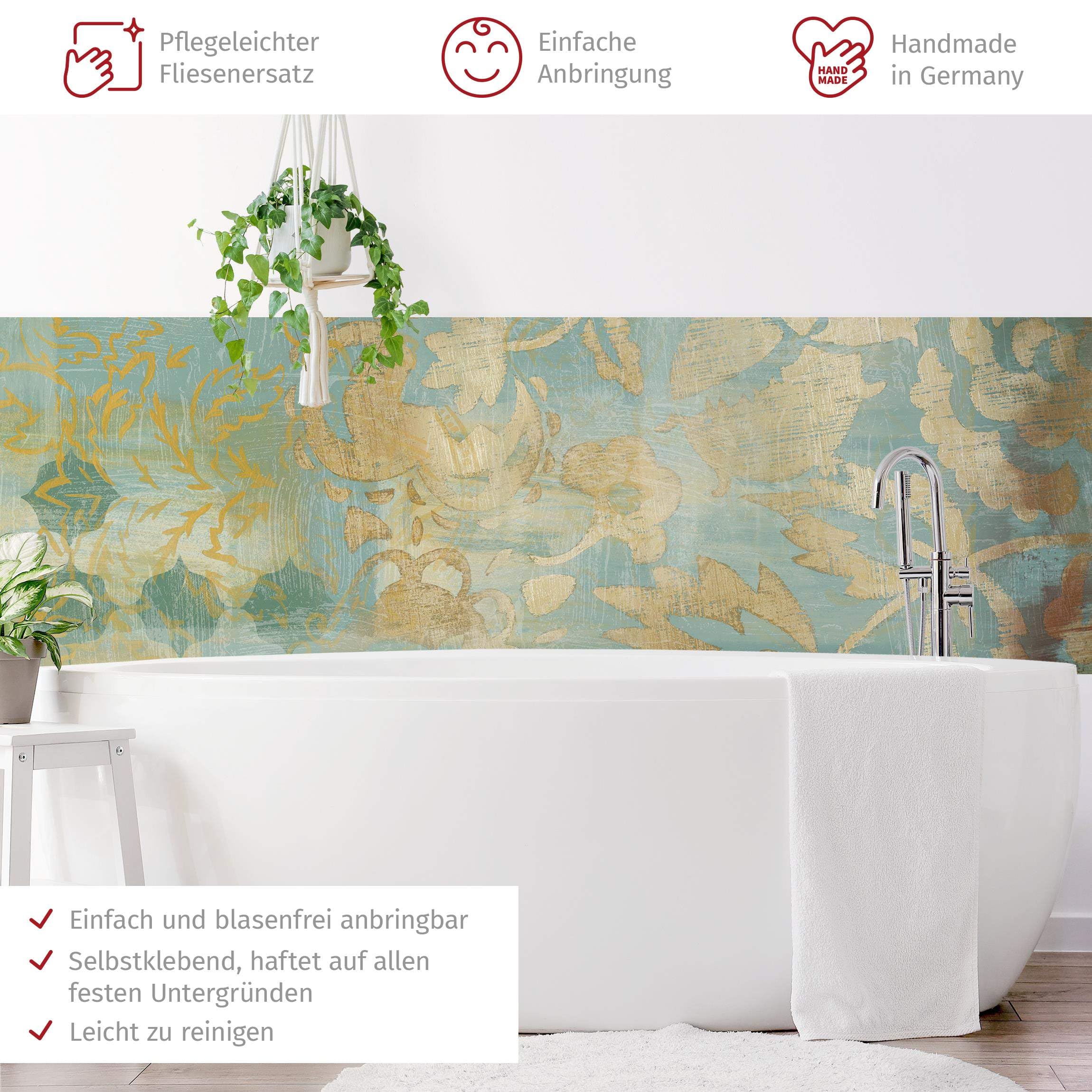 Wandverkleidung Bad selbstklebend wasserfest Muster fugenlos Wandpaneel - made in Germany - Ornament Hartfolie matt gold Badrückwand Vintage statt Fliesen 1093-P (175x50cm)