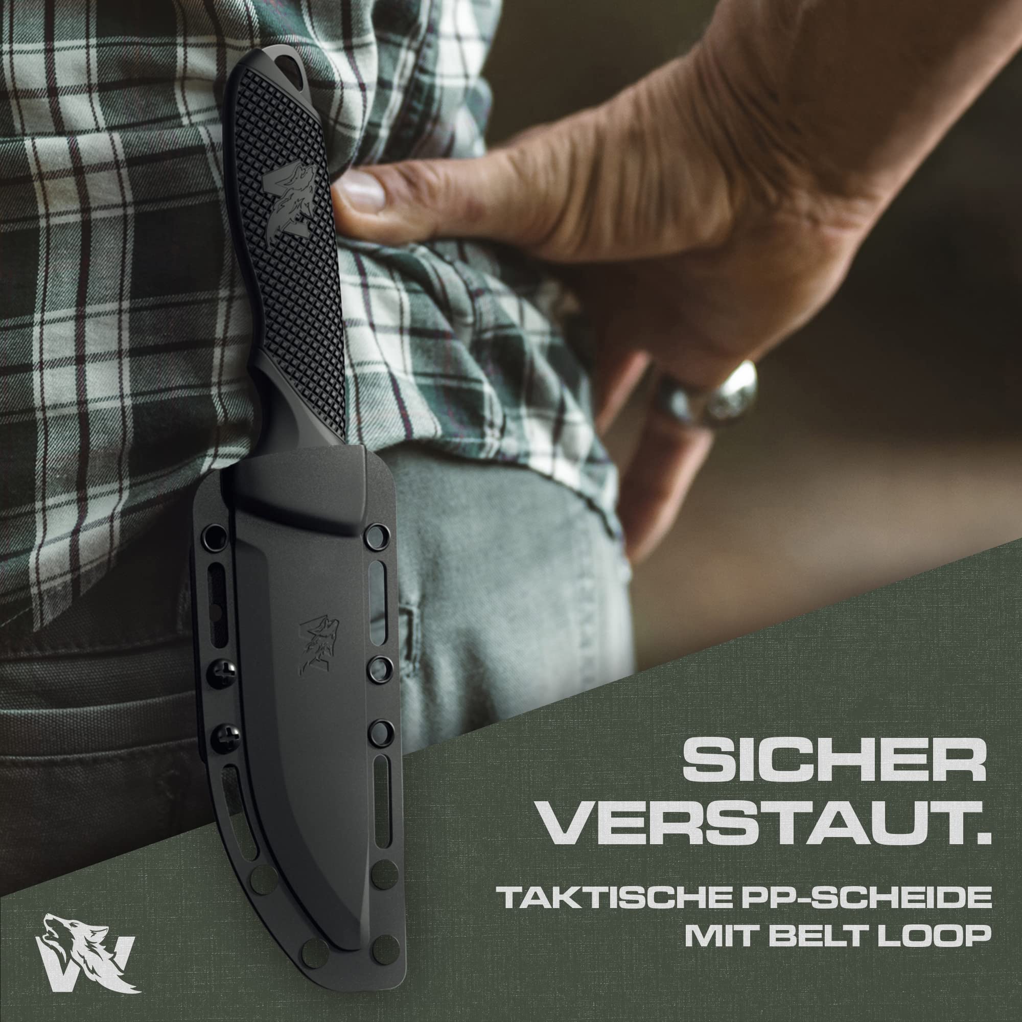 ODENWOLF W-SCANDI Angelmesser mit feststehende Klinge - Inkl. Scheide - Ideales Outdoor-Messer aus einem Stück D2 Stahl gefertigt - Premium Survival Messer - Perfektes Bushcraft Messer Outdoor