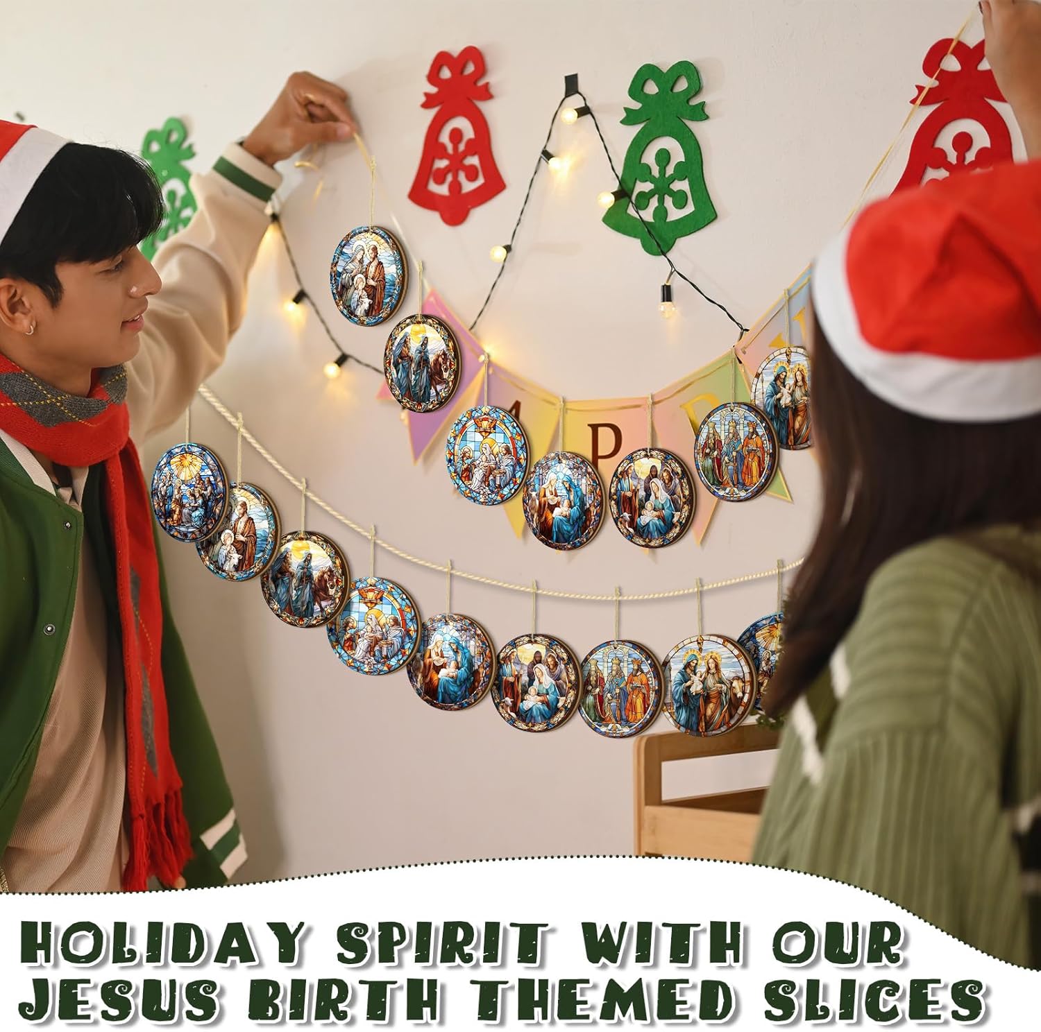 BBTO 16 Pcs Christmas Nativity Scene Ornaments Round Shape Religious Wooden Hanging 3D Ornament The Birth of Jesus Christian Christmas Painting Decorations for Tree Christian Gifts - Image 5