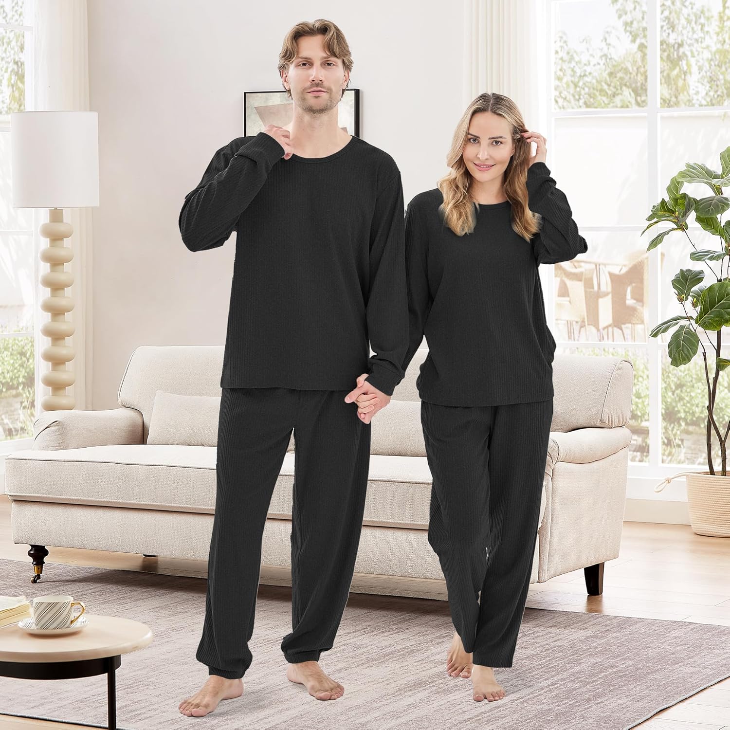 Ribbed Knit Matching Pajamas for Couples - Soft Cozy Pjs Long Sleeve Top & Wide Pant Sleepwear | Home & Lounge - Image 7